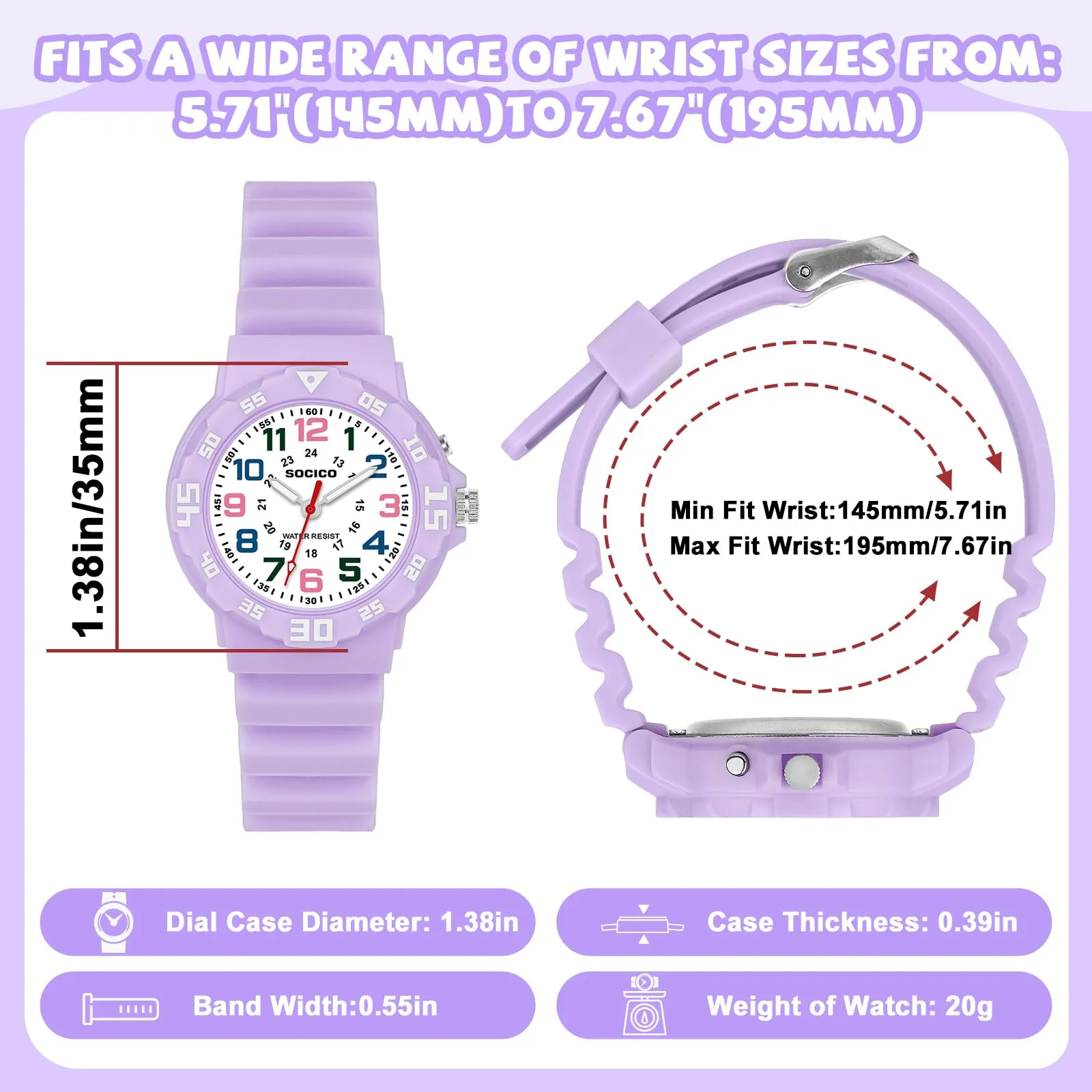 SOCICO Orologio Analogico per Bambini, Quarzo, Impermeabile 5 ATM, Lila416 - immagine 5