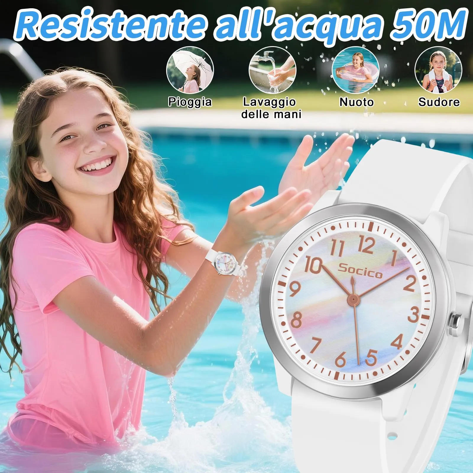 SOCICO Orologio Analogico Impermeabile 50M per Bambini e Ragazze 8-18 anni - immagine 2