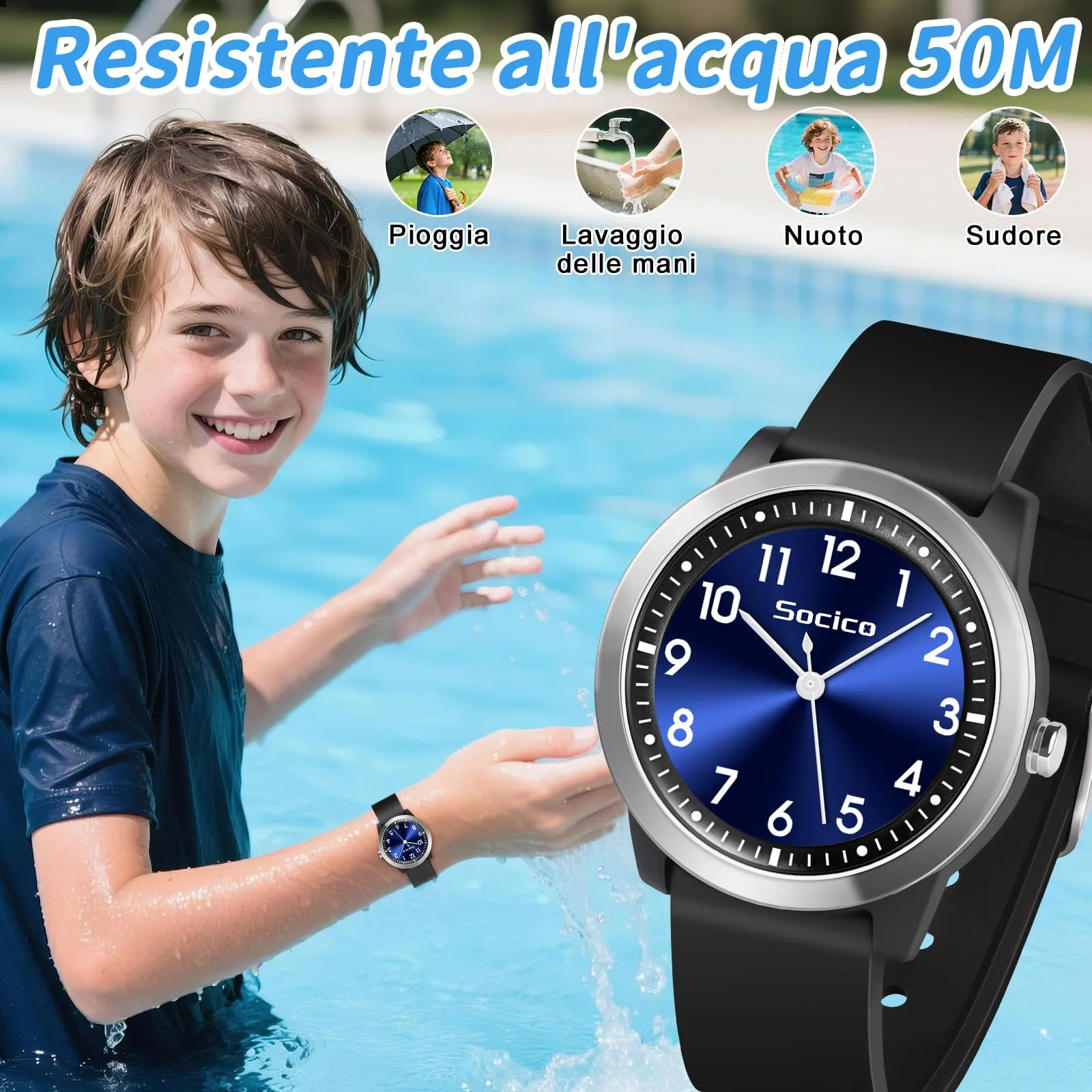 SOCICO Orologio Analogico Impermeabile 50M per Bambini e Ragazze 8-18 anni - immagine 2