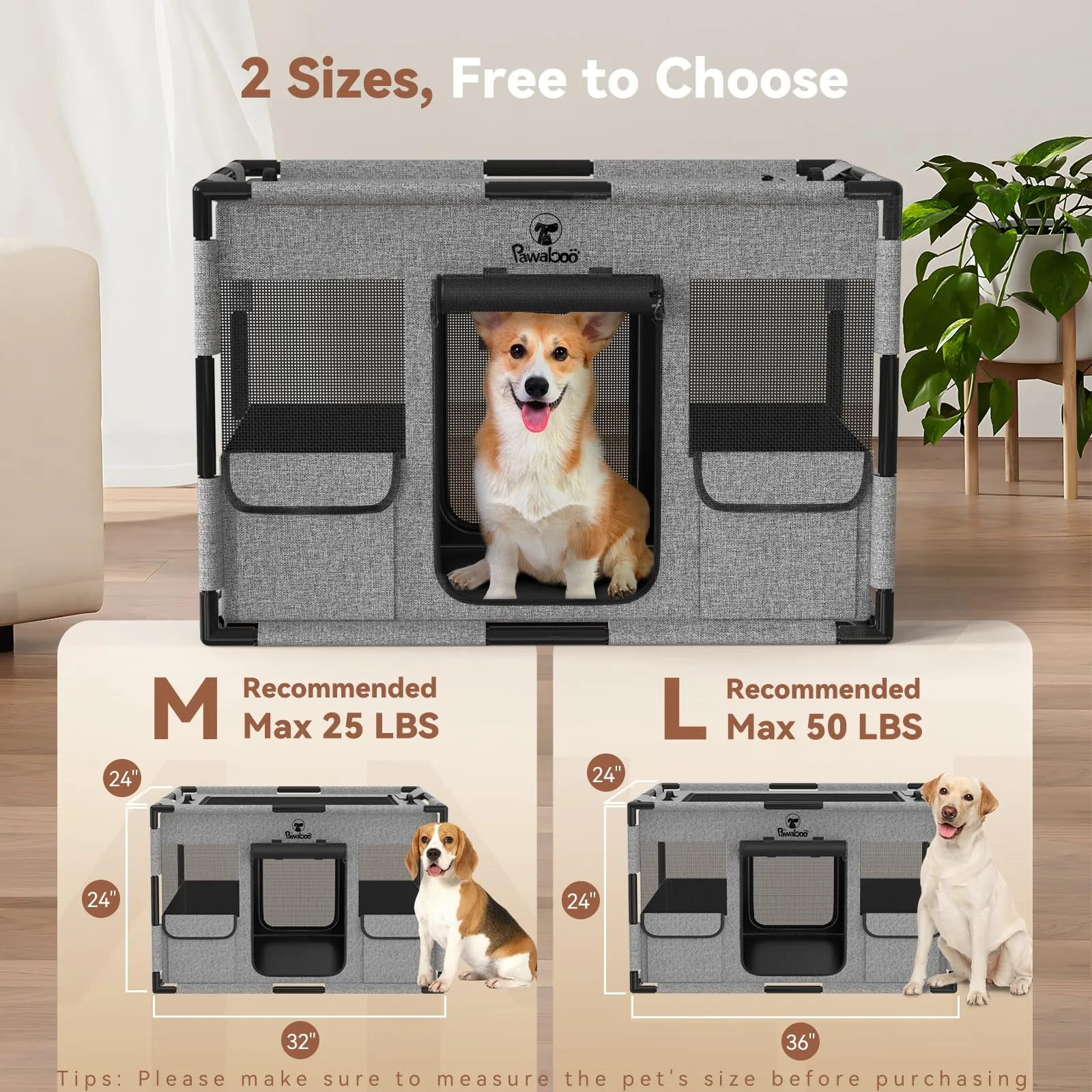 Pawaboo Recinto Cani Portatile con Tetto e Porta, L, Grigio/Nero - immagine 2