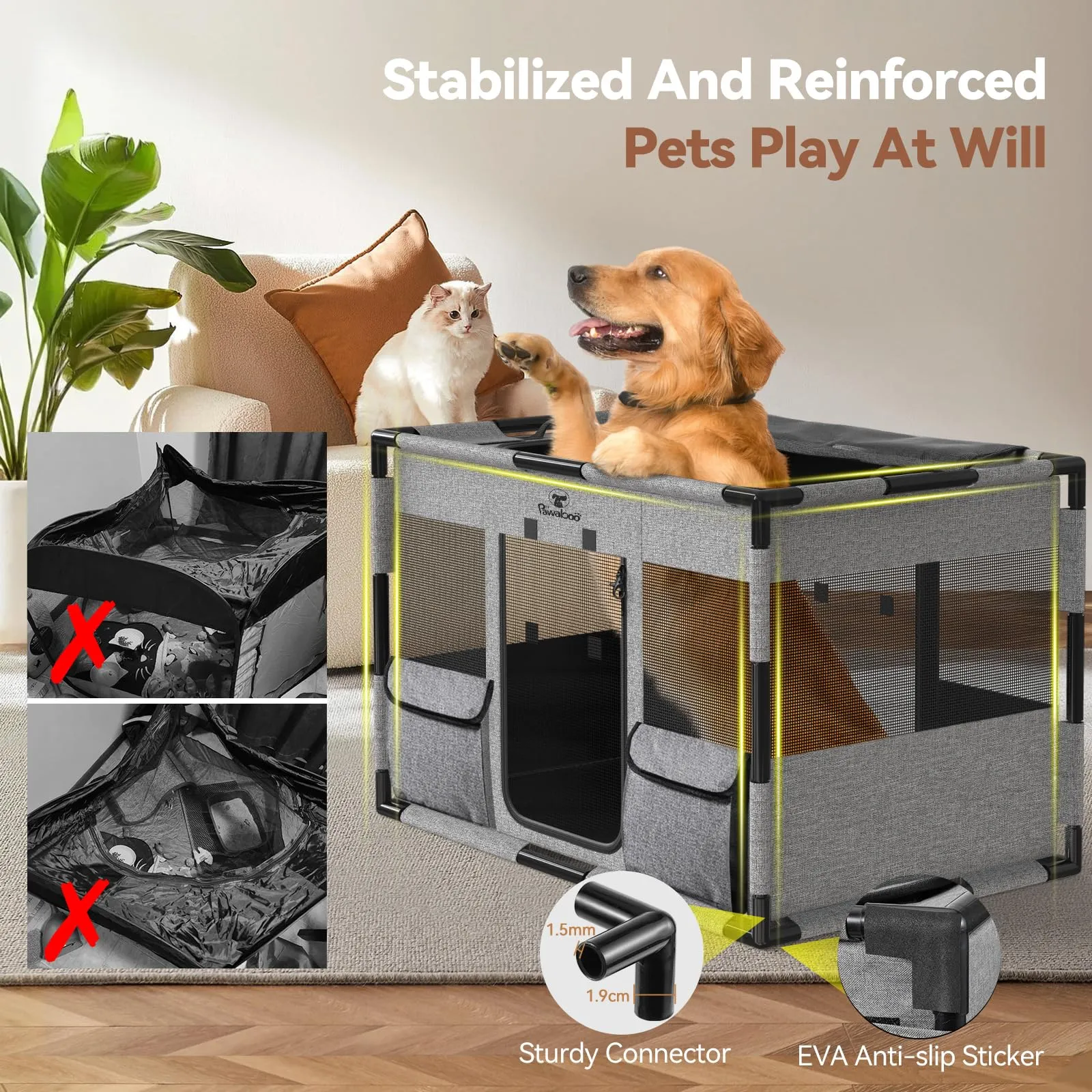 Pawaboo Recinto Cani Portatile con Tetto e Porta, L, Grigio/Nero - immagine 3