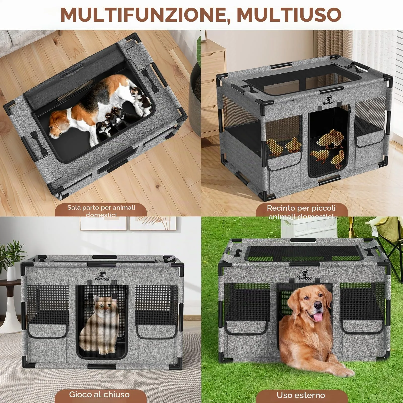 Pawaboo Recinto Cani Portatile con Tetto e Porta, L, Grigio/Nero - immagine 8