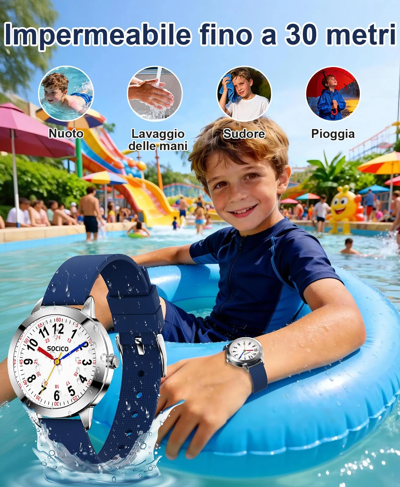 SOCICO Orologio analogico impermeabile 30M con cinturino in silicone per bambini - immagine 2