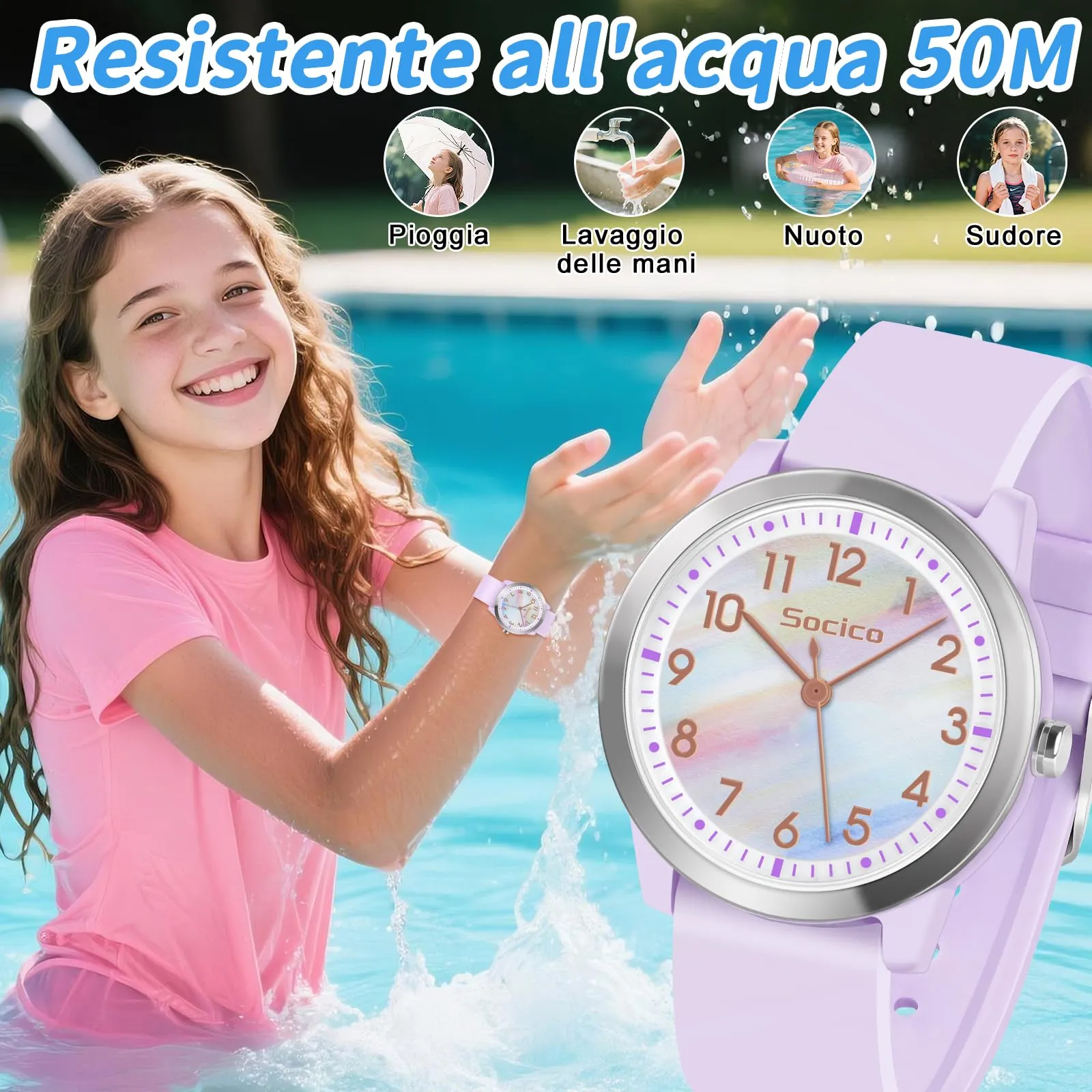 SOCICO Orologio Analogico Impermeabile 50M per Bambini e Ragazze 8-18 anni - immagine 2