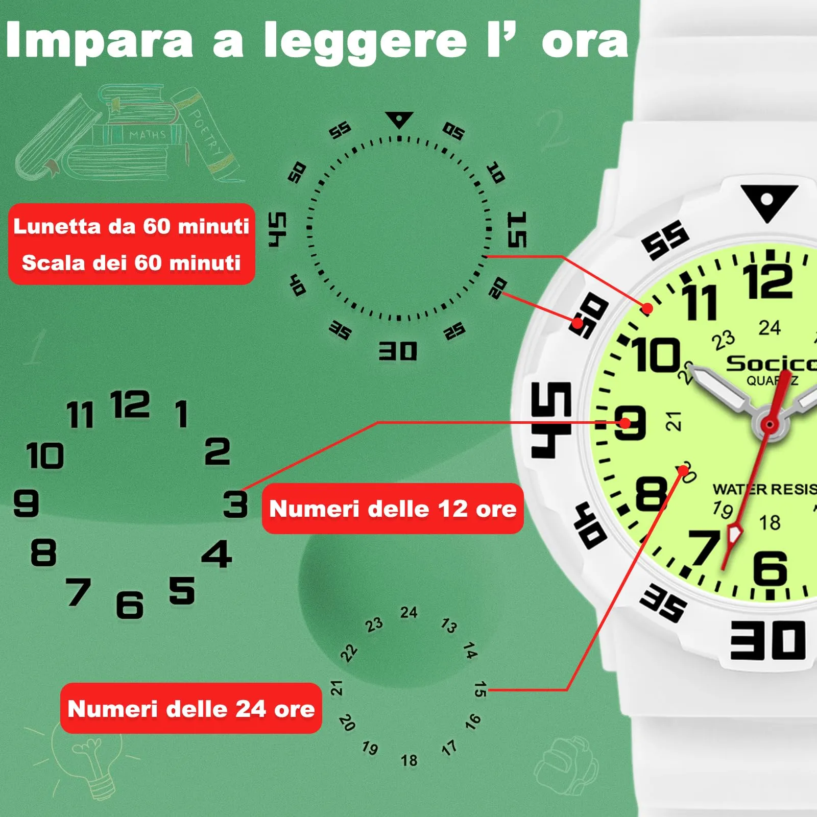 SOCICO Orologio analogico per bambini, impermeabile 30M, cinturino in silicone soft - immagine 2