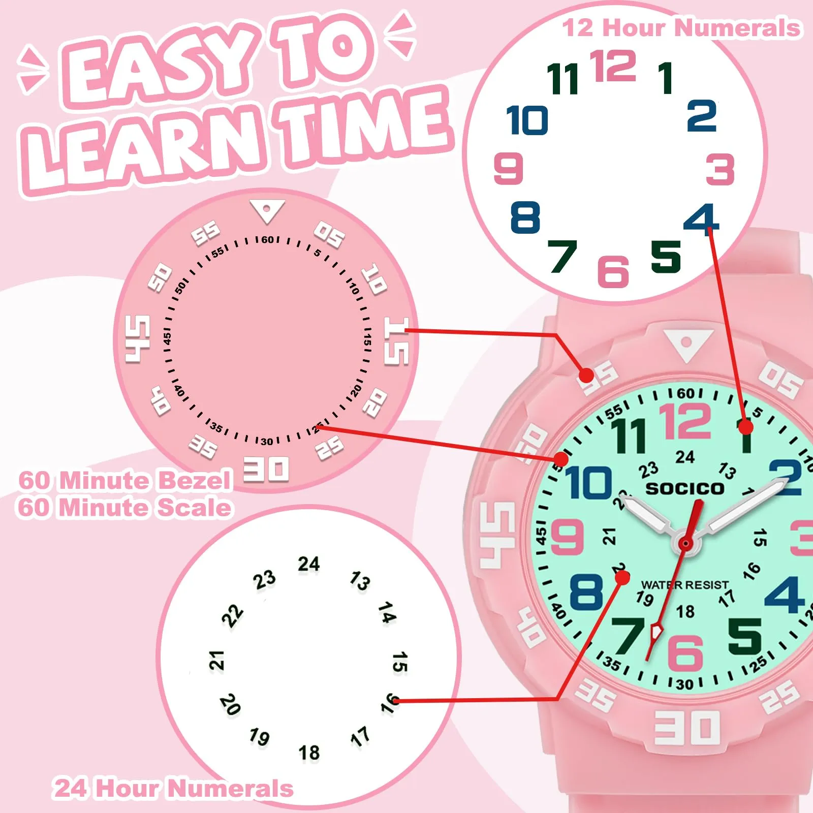 SOCICO Orologio Analogico per Bambini, Impermeabile 5 ATM, Quarzo, Rosa416 - immagine 2