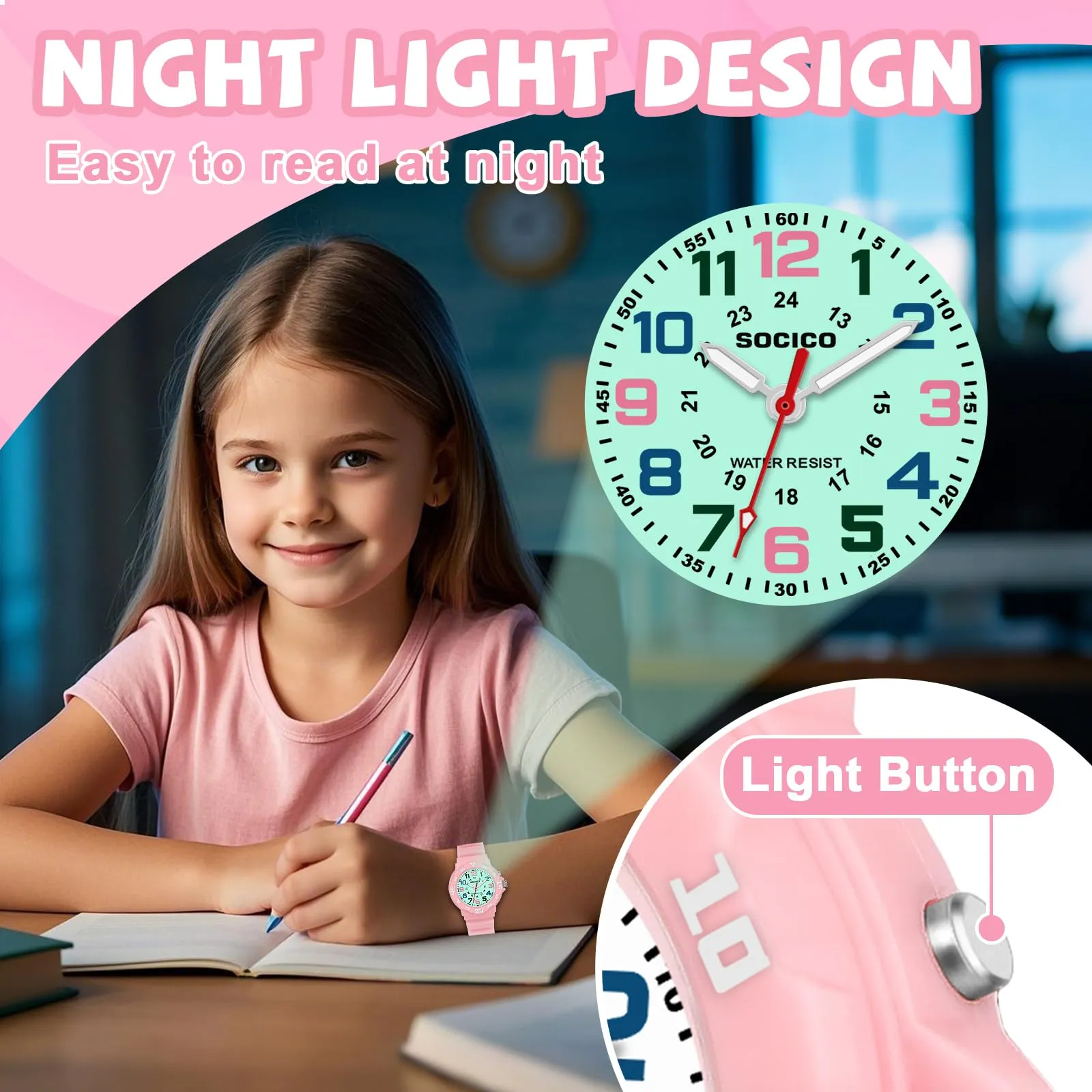 SOCICO Orologio Analogico per Bambini, Impermeabile 5 ATM, Quarzo, Rosa416 - immagine 3