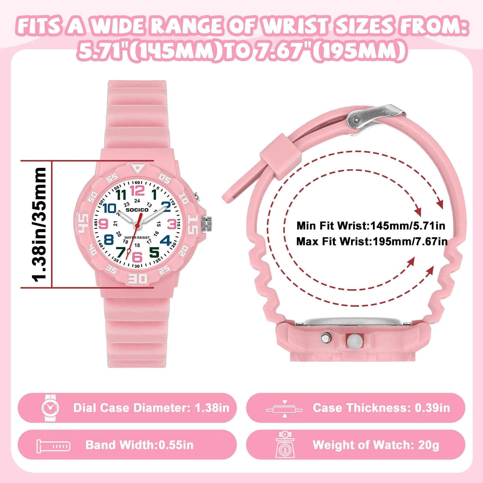 SOCICO Orologio Analogico per Bambini, Impermeabile 5 ATM, Quarzo, Rosa416 - immagine 5