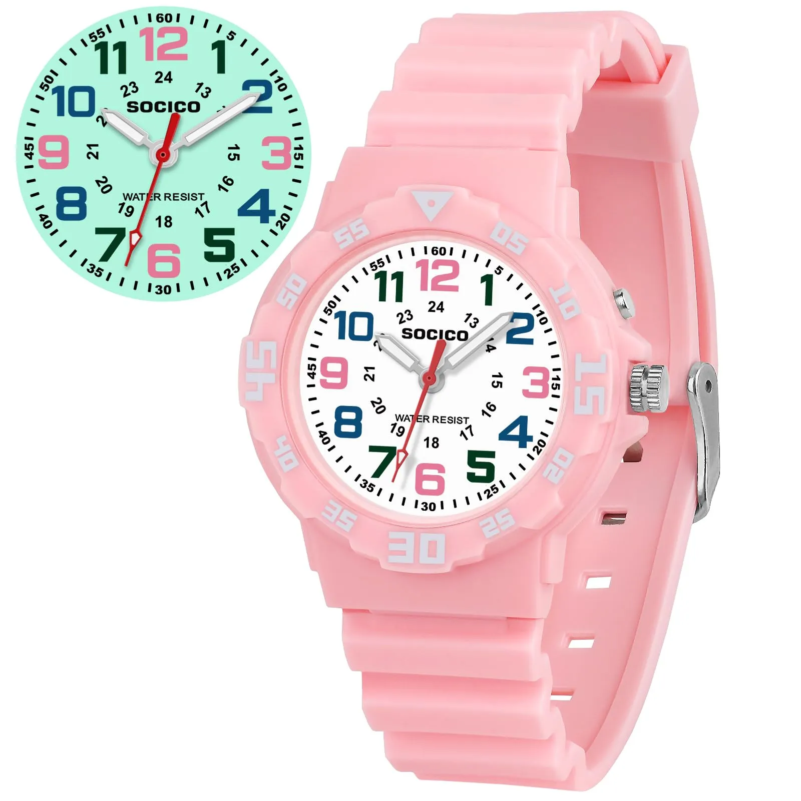 SOCICO Orologio Analogico per Bambini, Impermeabile 5 ATM, Quarzo, Rosa416 - immagine 7