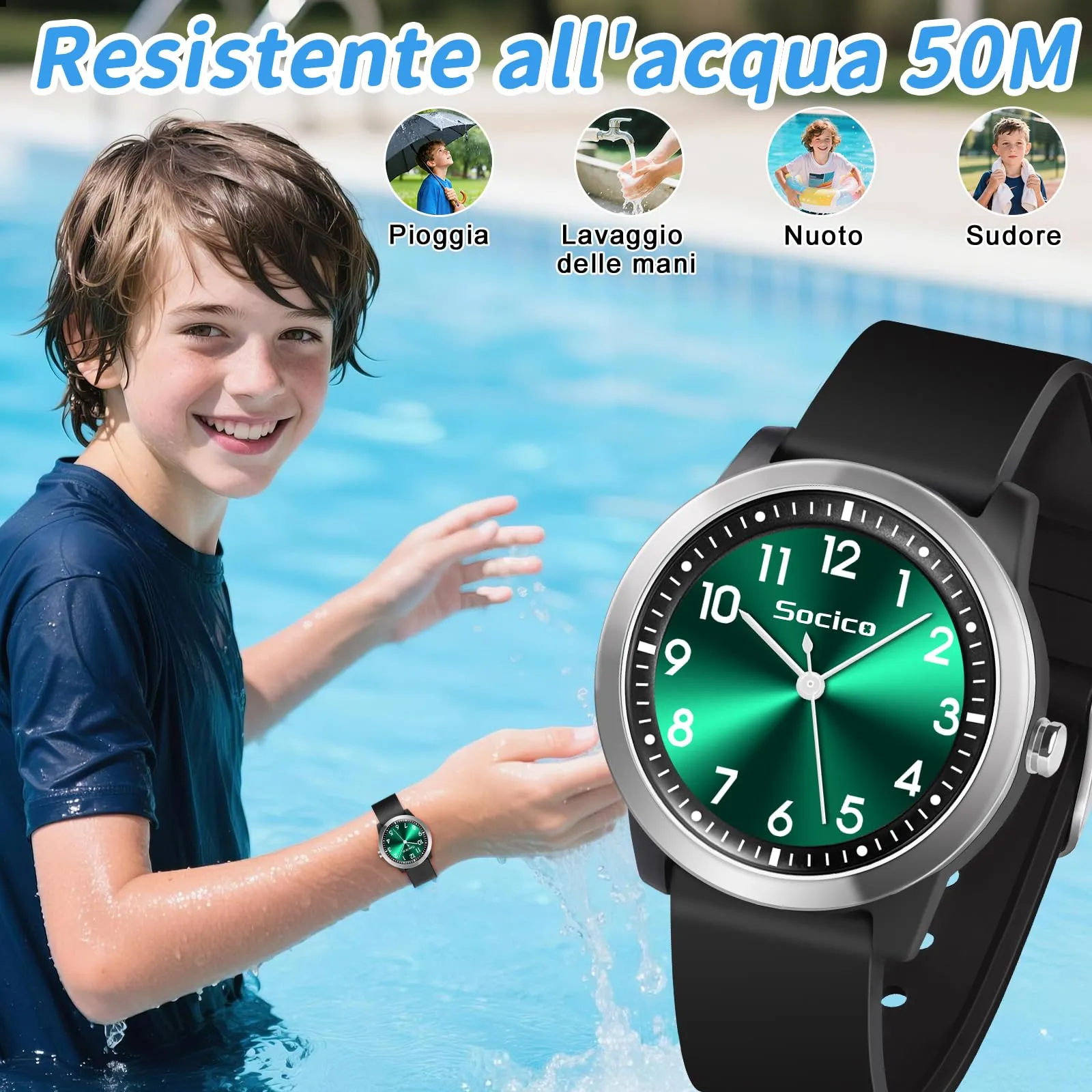 SOCICO Orologio Analogico Impermeabile 50M per Bambini e Ragazze 8-18 anni - immagine 2