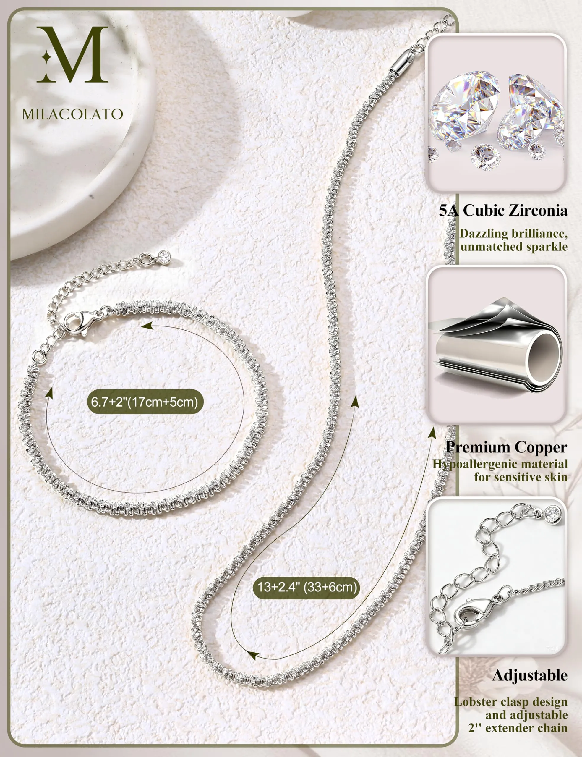 Milacolato Parure Gioielli da Donna con Collana e Bracciale Regolabili - immagine 5