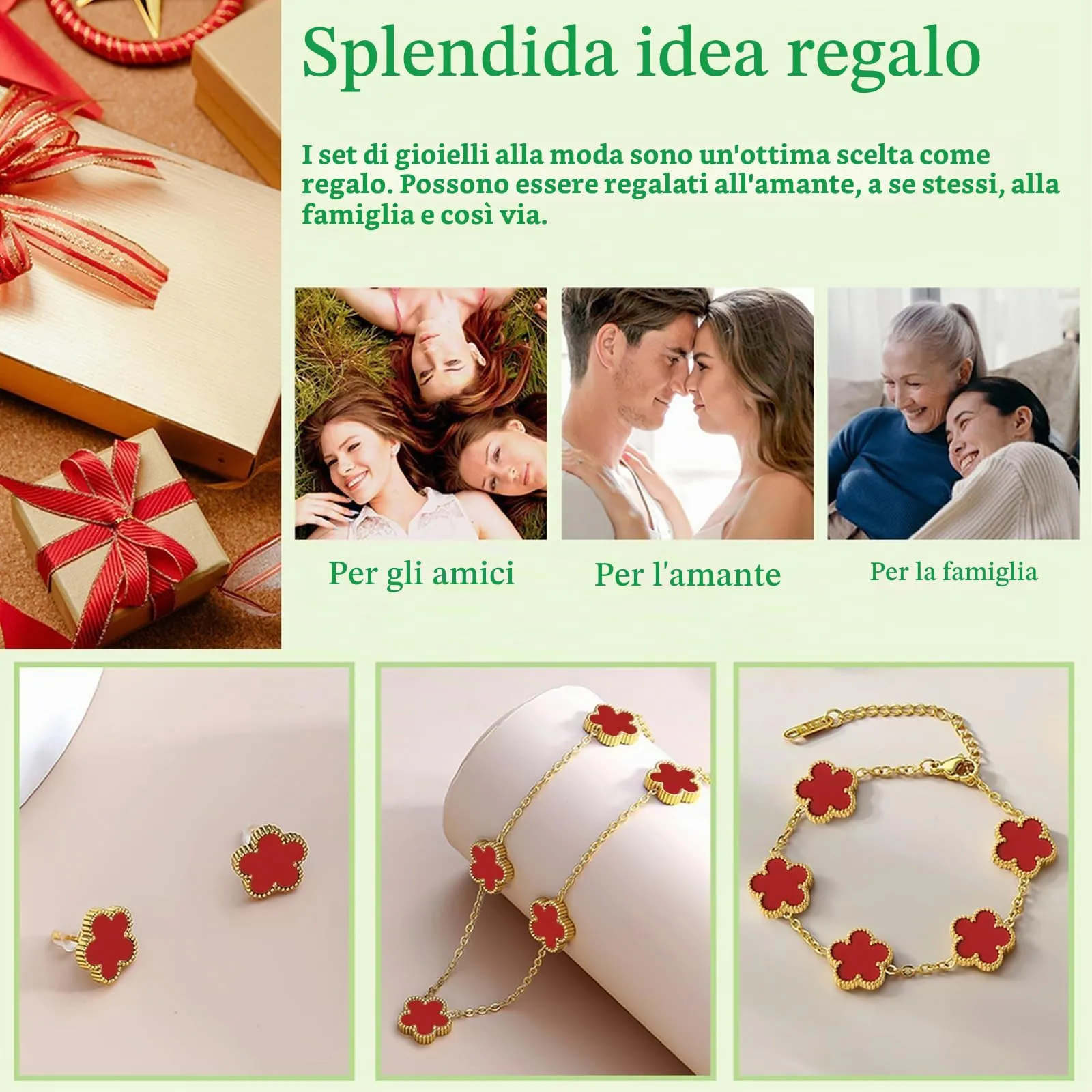 JYIXXZX Set di Gioielli Quadrifoglio da Donna in Acciaio Inossidabile Placcato Oro 18K con Collana, Orecchini e Bracciale (Rosso) - immagine 6