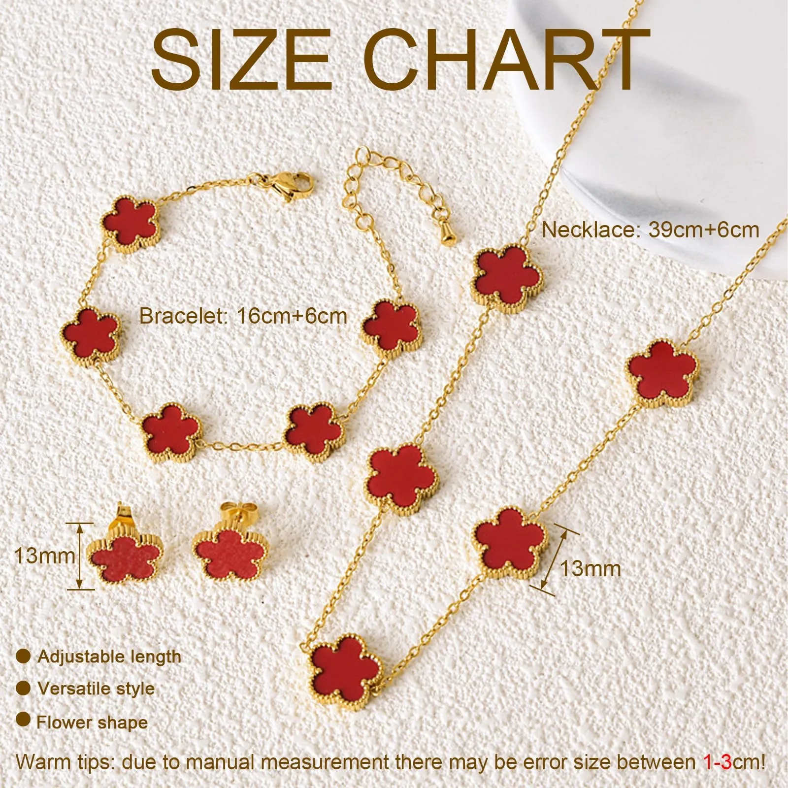 JYIXXZX Set di Gioielli Quadrifoglio da Donna in Acciaio Inossidabile Placcato Oro 18K con Collana, Orecchini e Bracciale (Rosso) - immagine 7