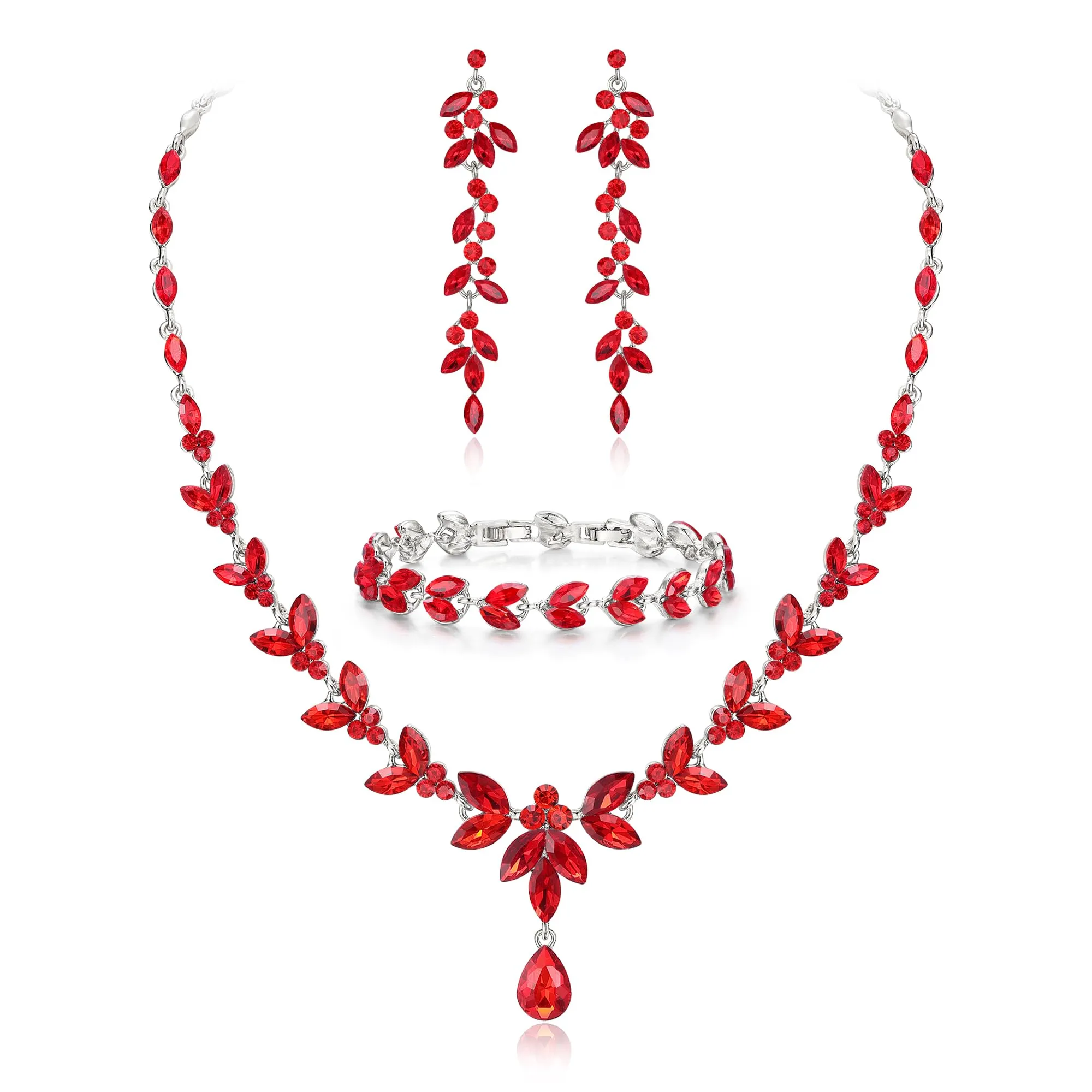 EVER FAITH Marquise Cristalli Set di Gioielli per la Sposa, Collana Orecchini Pendenti e Bracciale Rosso Argento-Fondo - immagine 1