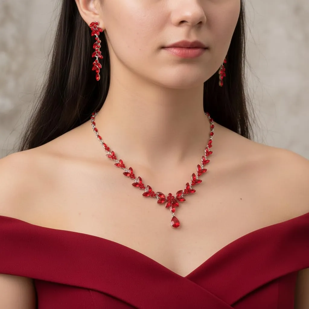 EVER FAITH Marquise Cristalli Set di Gioielli per la Sposa, Collana Orecchini Pendenti e Bracciale Rosso Argento-Fondo - immagine 2