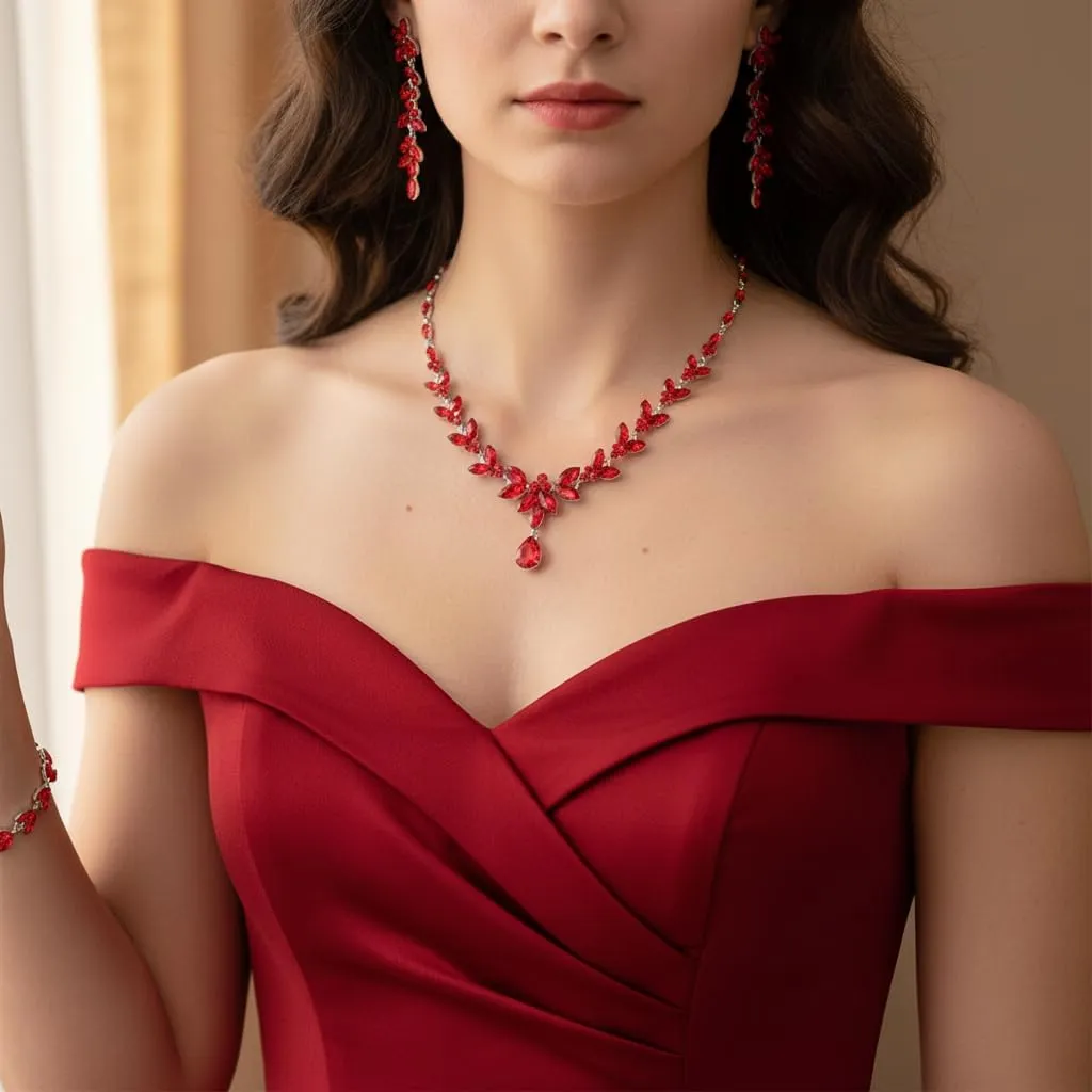 EVER FAITH Marquise Cristalli Set di Gioielli per la Sposa, Collana Orecchini Pendenti e Bracciale Rosso Argento-Fondo - immagine 3