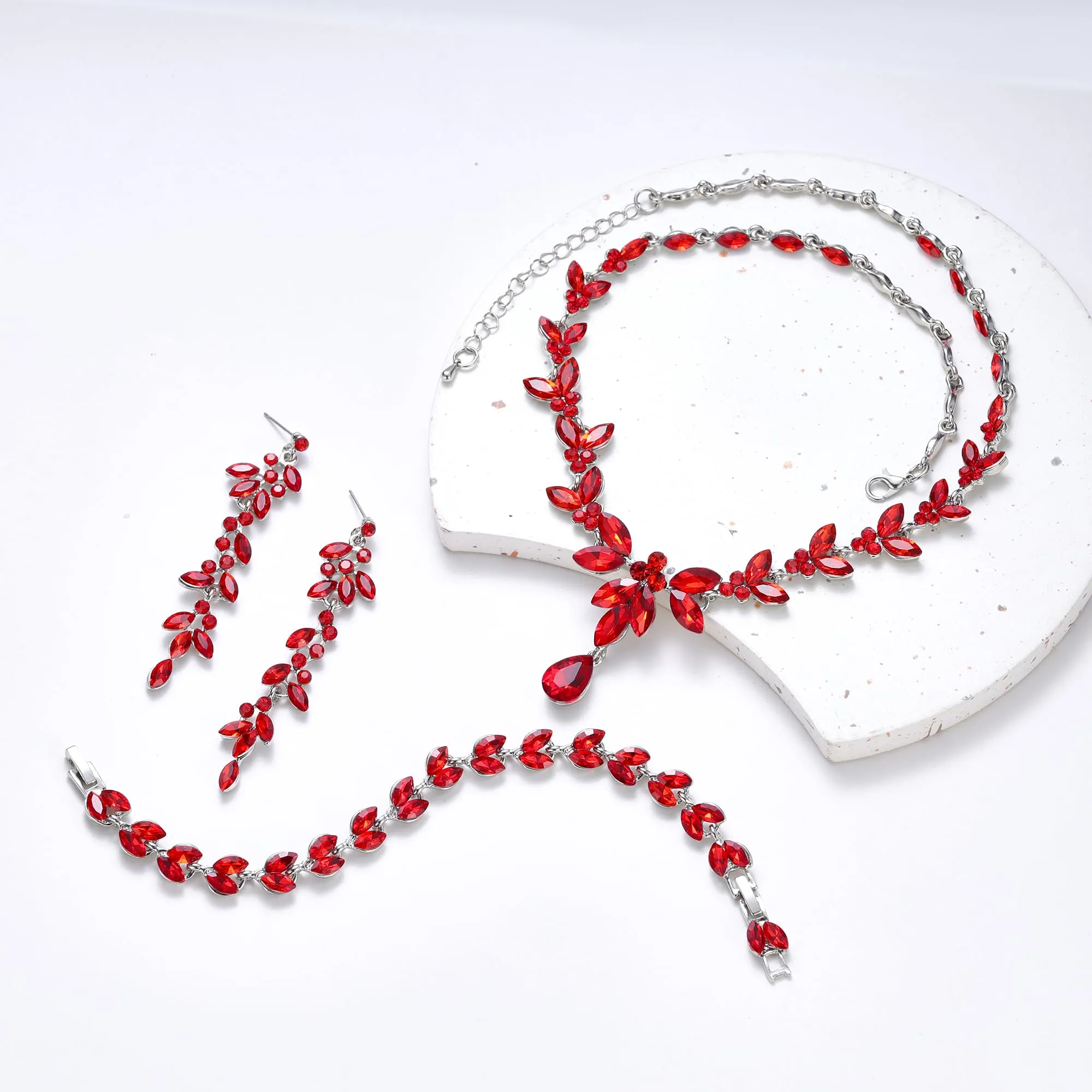 EVER FAITH Marquise Cristalli Set di Gioielli per la Sposa, Collana Orecchini Pendenti e Bracciale Rosso Argento-Fondo - immagine 4
