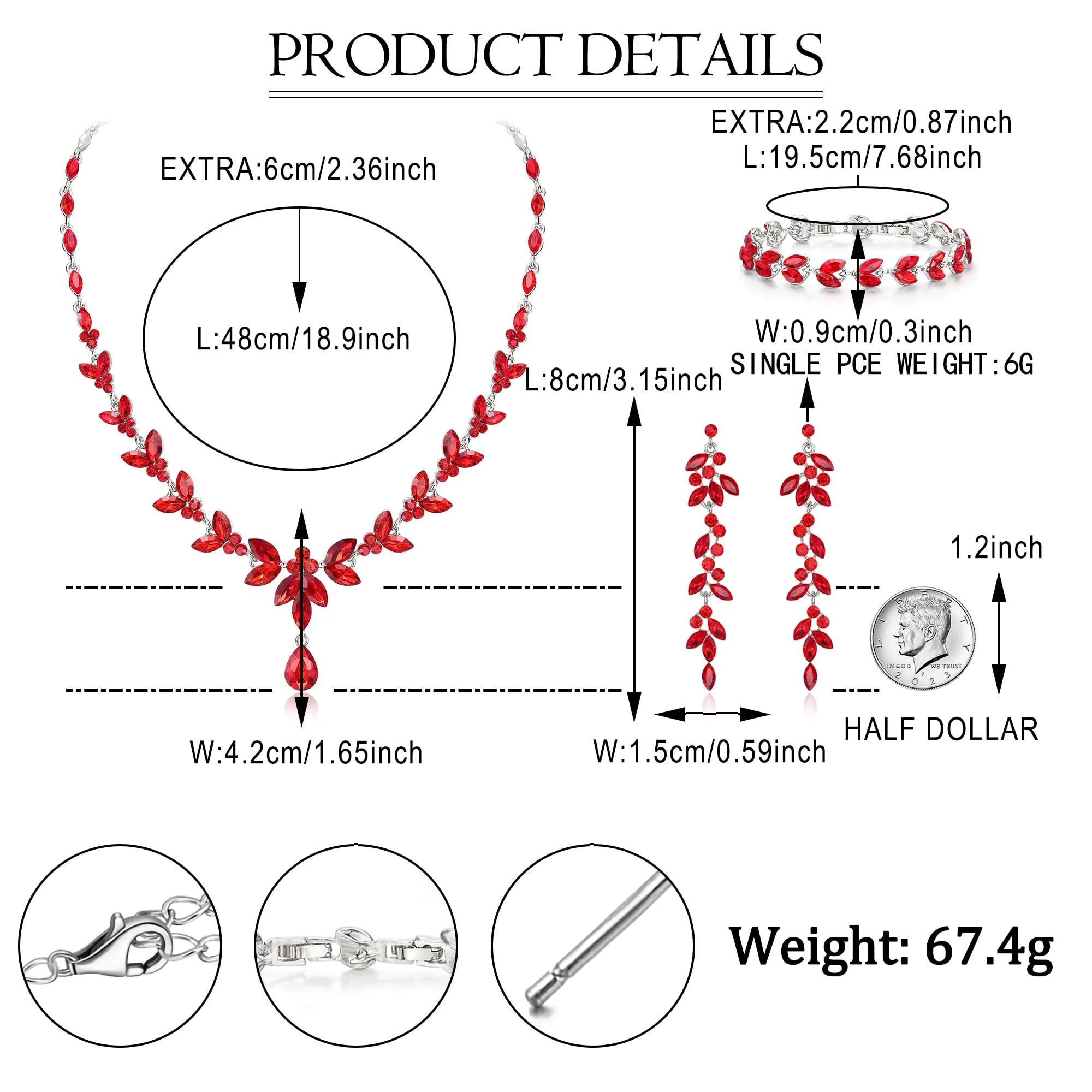 EVER FAITH Marquise Cristalli Set di Gioielli per la Sposa, Collana Orecchini Pendenti e Bracciale Rosso Argento-Fondo - immagine 5