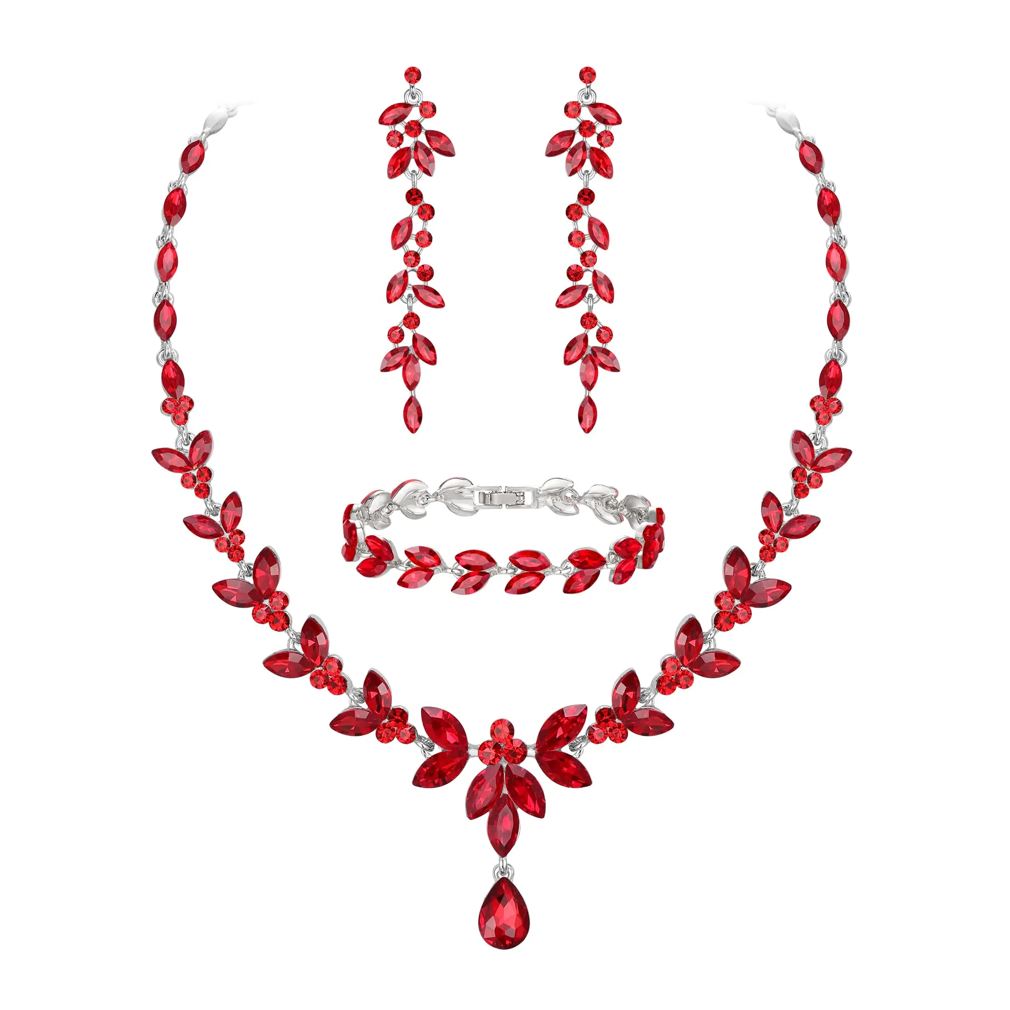 EVER FAITH Marquise Cristalli Set di Gioielli per la Sposa, Collana Orecchini Pendenti e Bracciale Rosso Argento-Fondo - immagine 7
