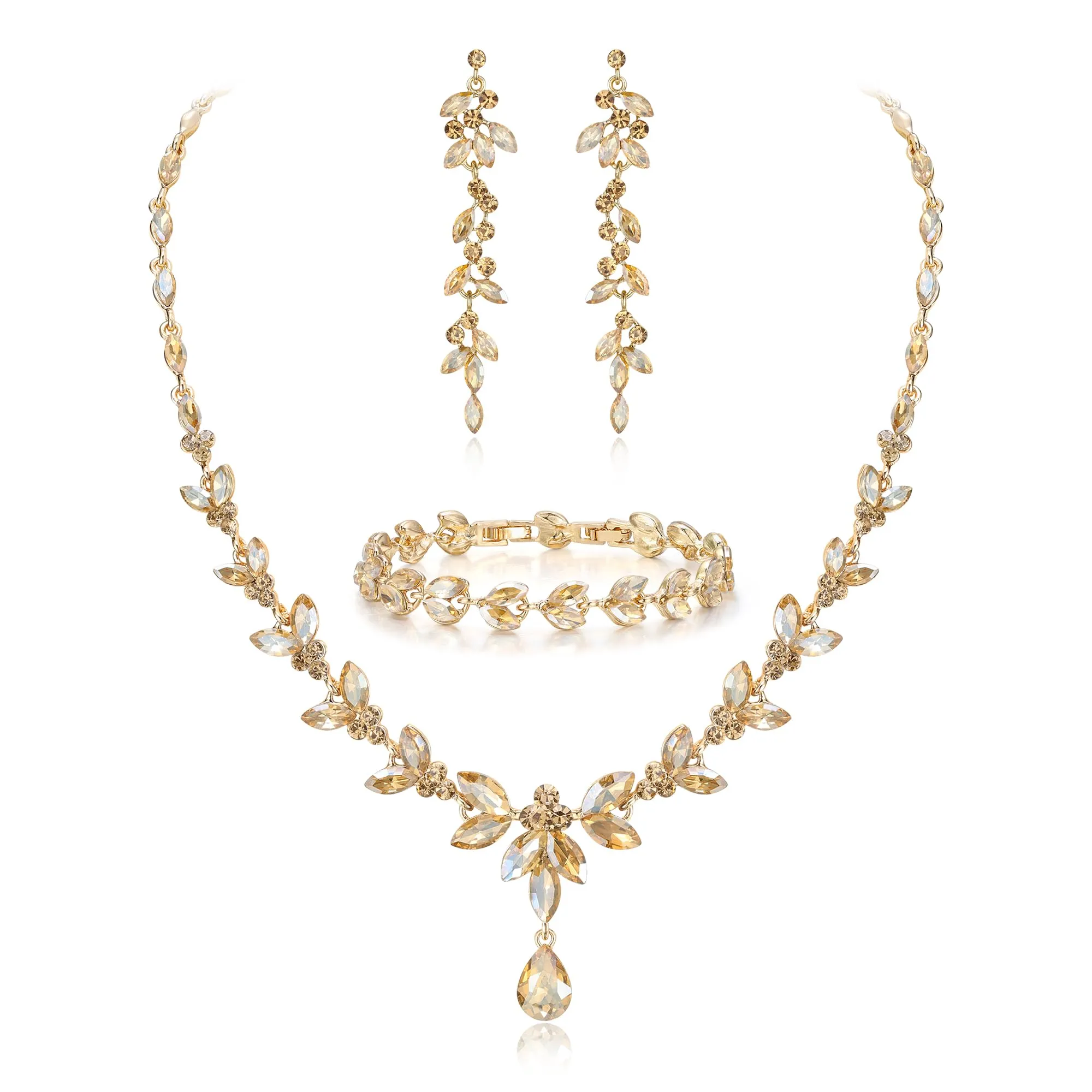 EVER FAITH Marquise Cristalli Gioielli Set Sposa con Collana, Orecchini Pendenti e Bracciale Tennis, Marrone Oro-fondo - immagine 1