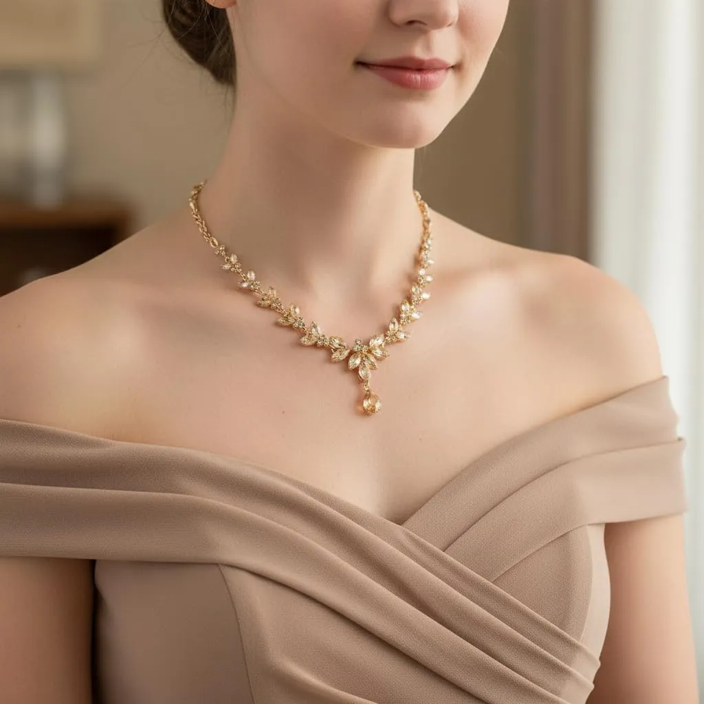 EVER FAITH Marquise Cristalli Gioielli Set Sposa con Collana, Orecchini Pendenti e Bracciale Tennis, Marrone Oro-fondo - immagine 2