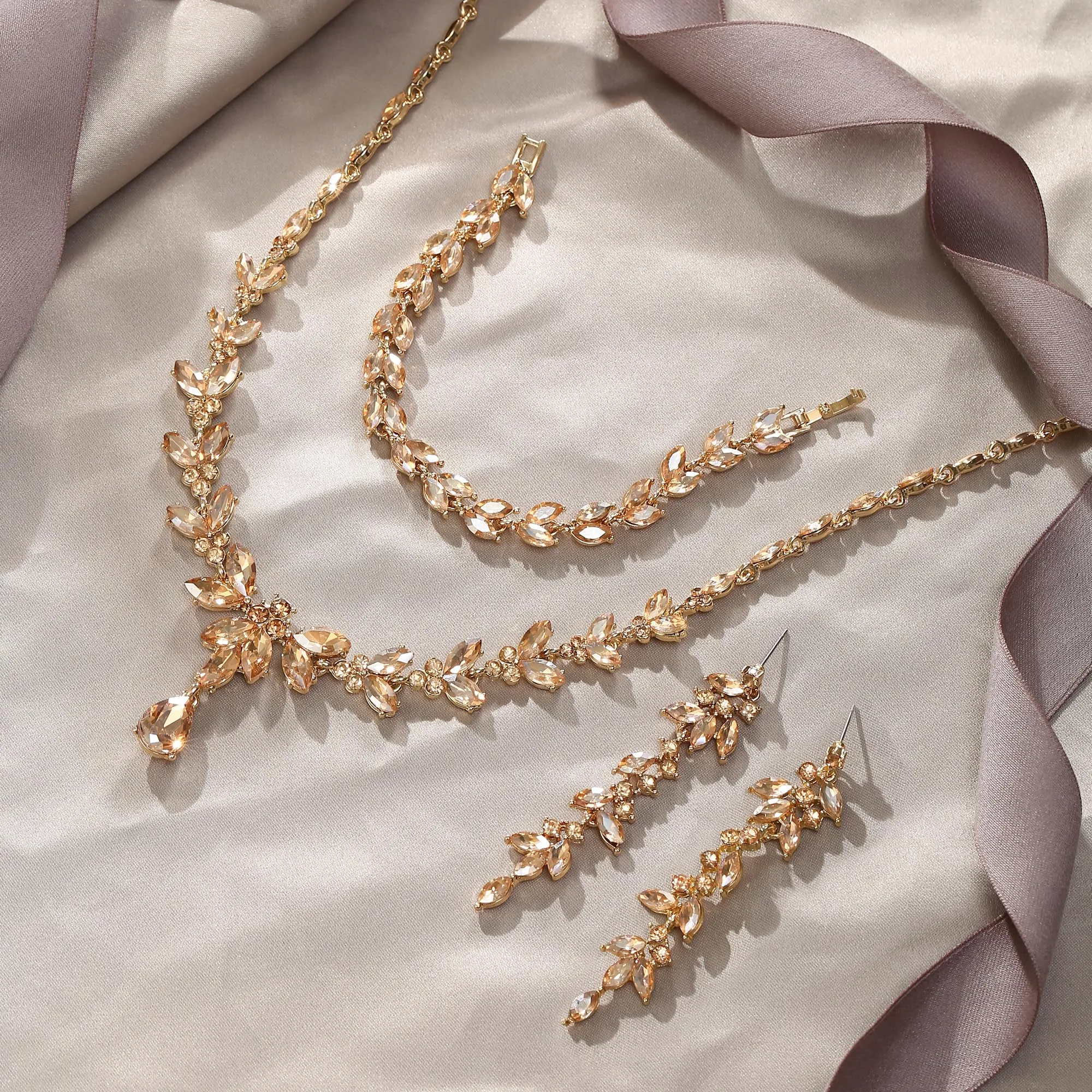 EVER FAITH Marquise Cristalli Gioielli Set Sposa con Collana, Orecchini Pendenti e Bracciale Tennis, Marrone Oro-fondo - immagine 5