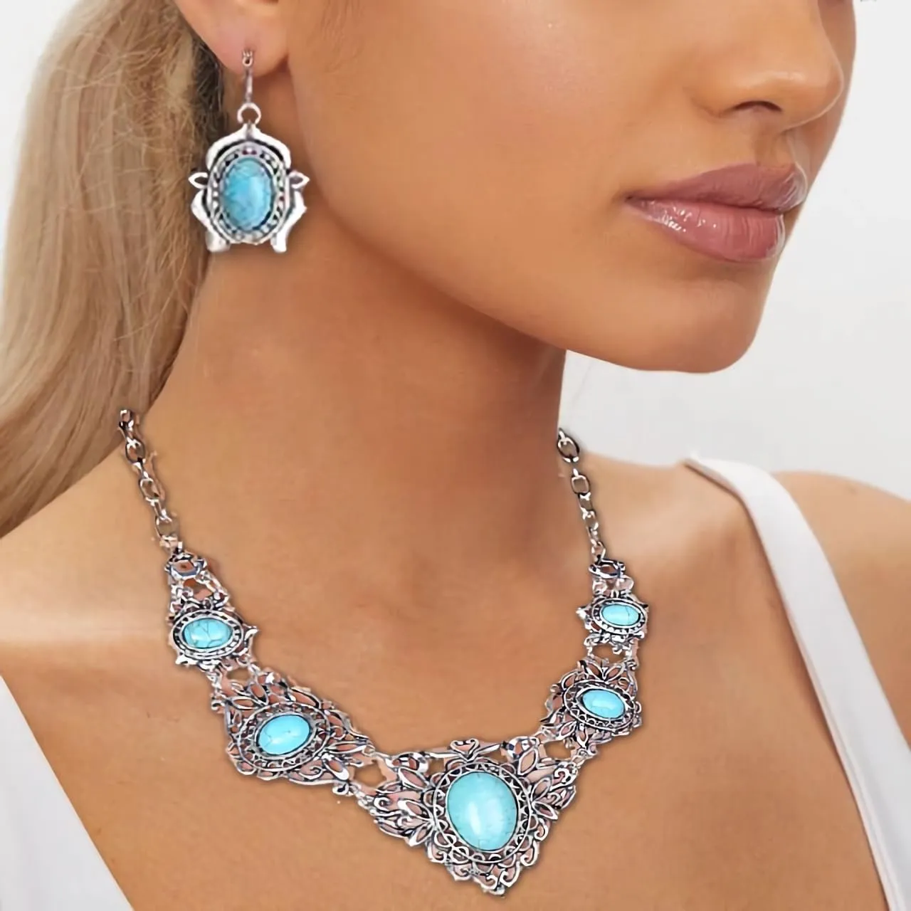 Dishowme Set di gioielli bohémien turchese con collana, orecchini e bracciale, 3 pezzi - immagine 2
