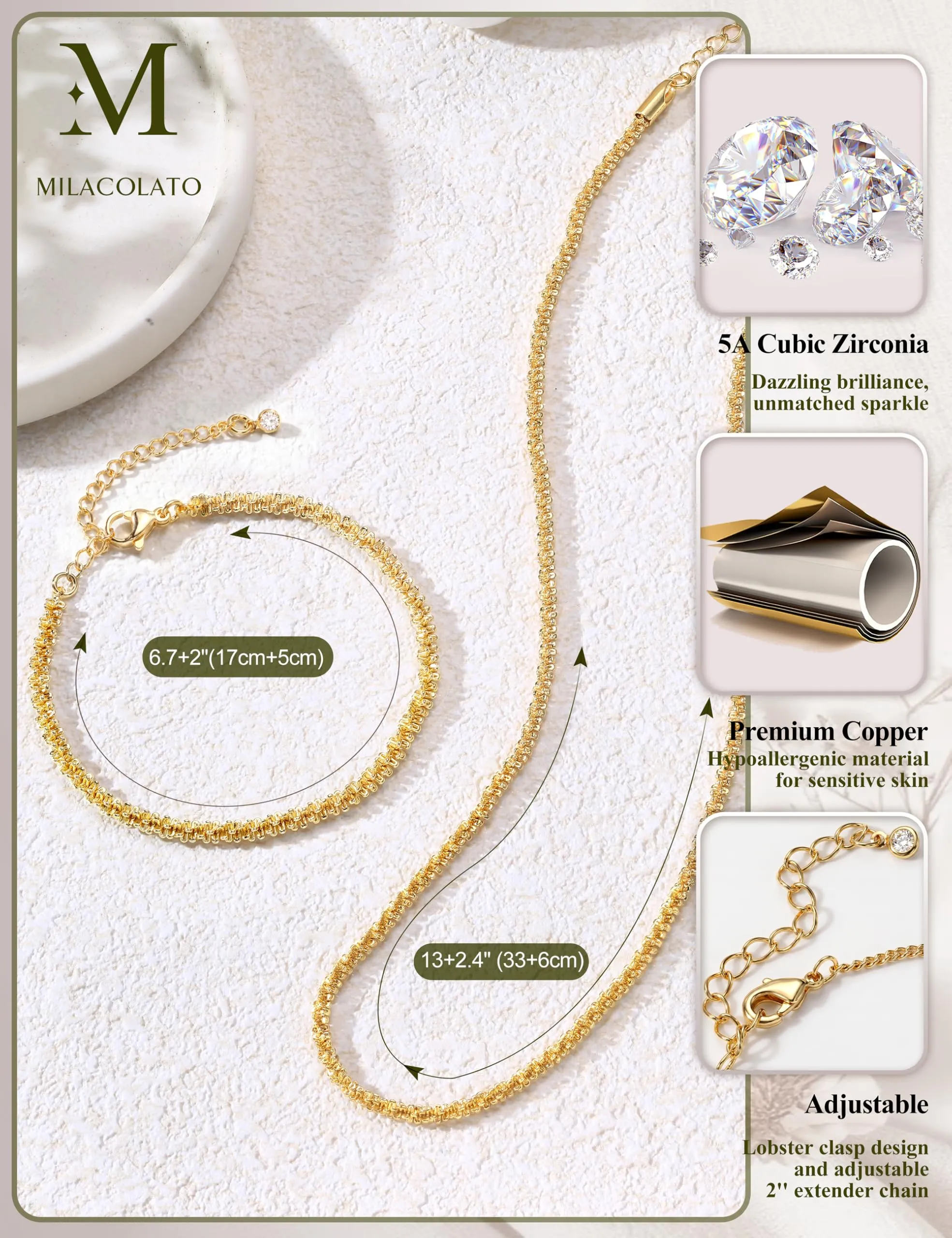 Milacolato Parure Gioielli da Donna con Collana e Bracciale Regolabili, Color Oro - immagine 5