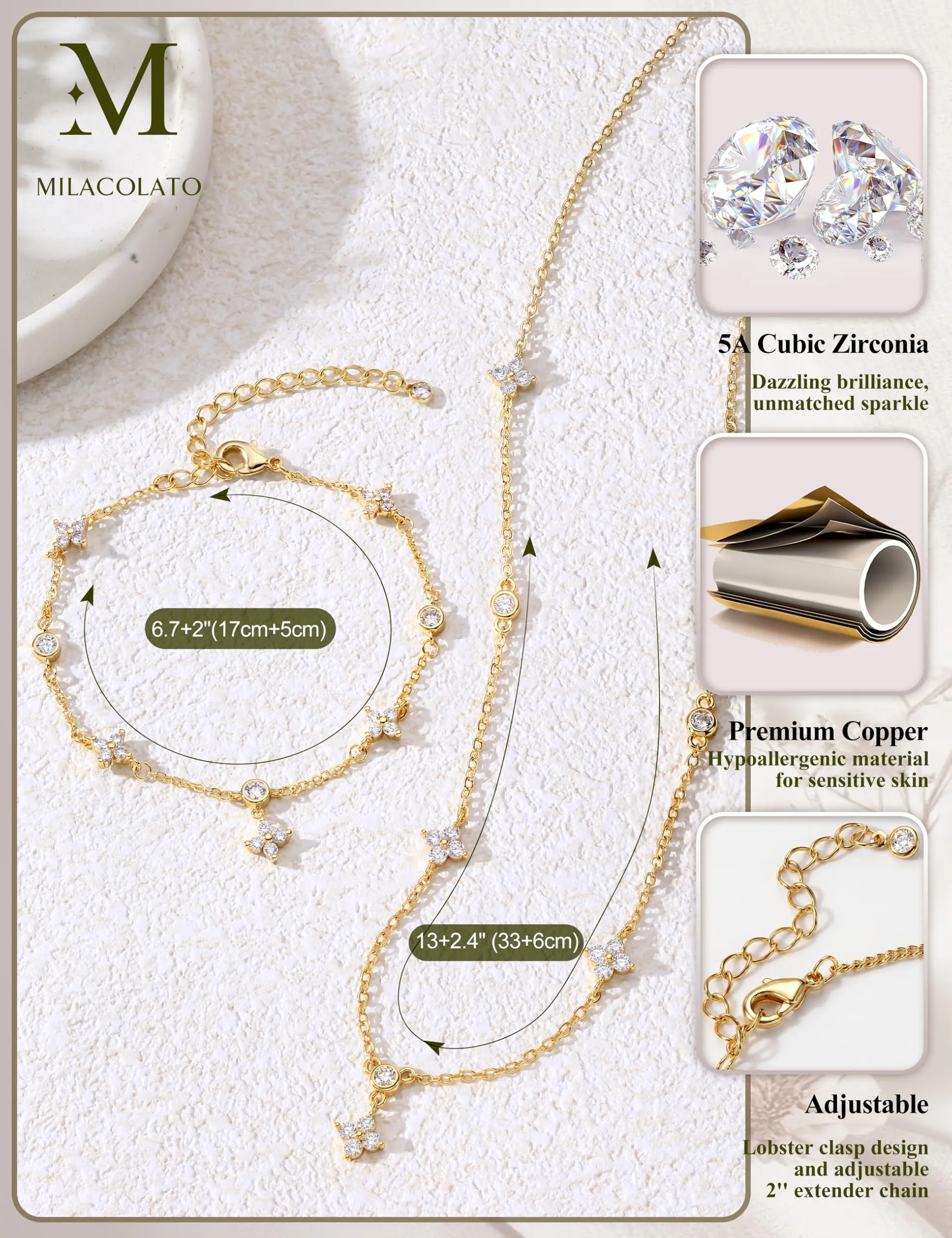 Milacolato Parure Gioielli da Donna con Collana e Bracciale Regolabili color Oro - immagine 5