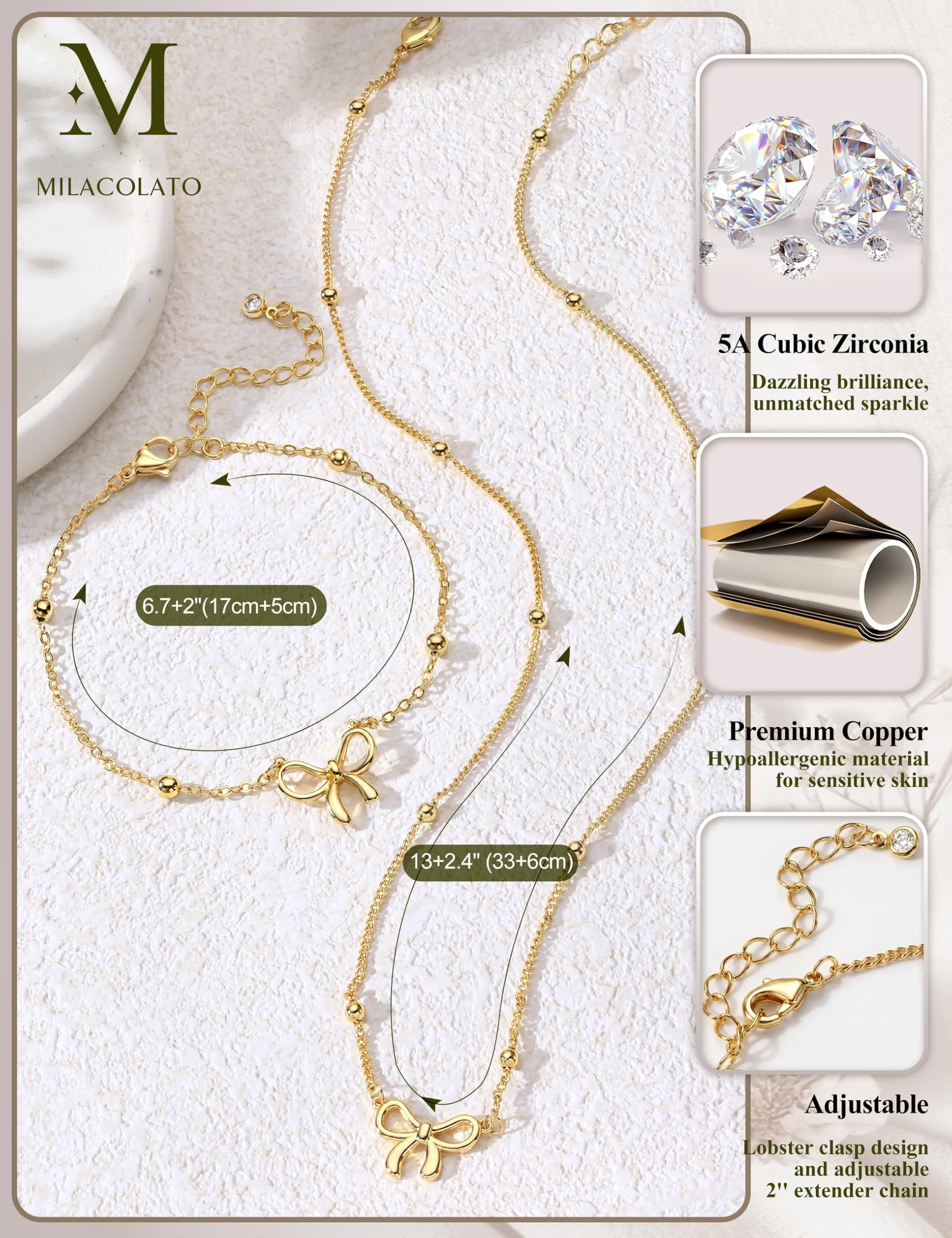 Milacolato Parure Gioielli da Donna con Collana e Bracciale Regolabili Color Oro - immagine 5