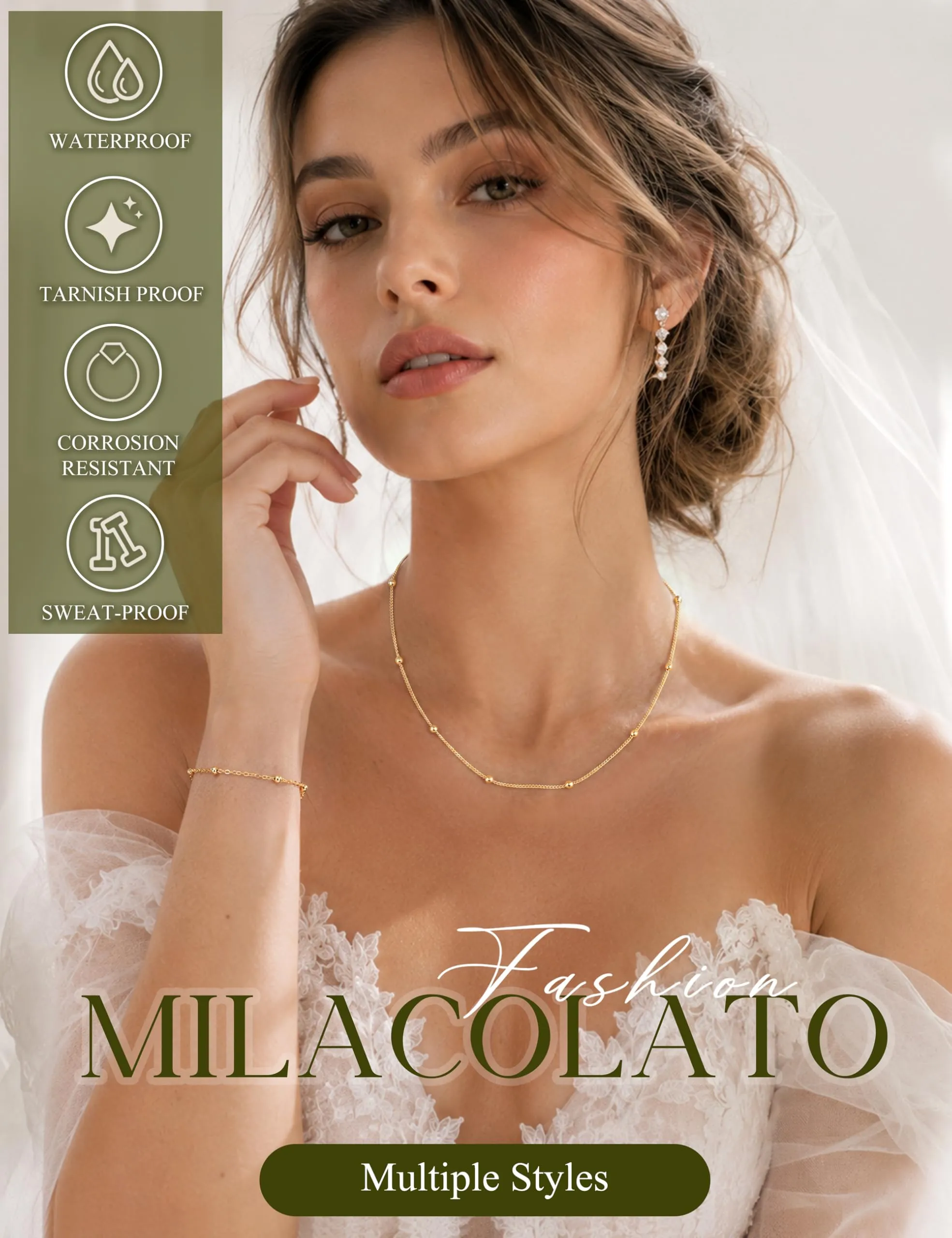 Milacolato Parure Gioielli da Donna Collana e Bracciale Regolabili Color Oro - immagine 4