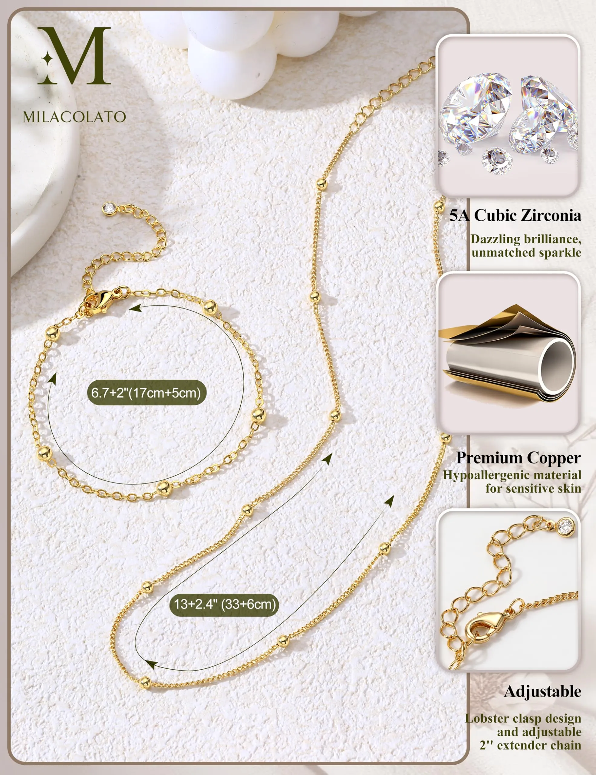 Milacolato Parure Gioielli da Donna Collana e Bracciale Regolabili Color Oro - immagine 5