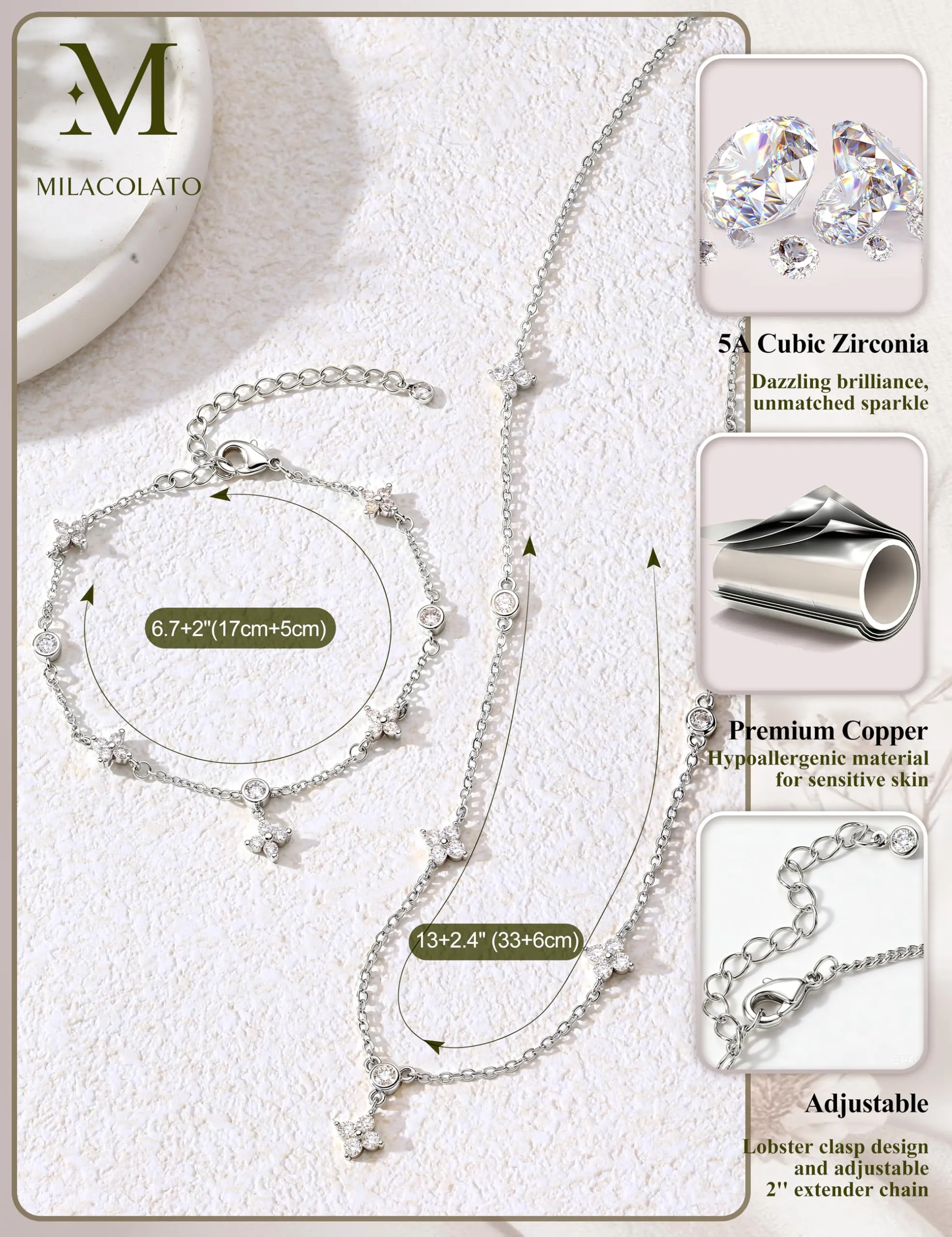 Milacolato Parure Gioielli da Donna con Collana e Bracciale Regolabili - immagine 5