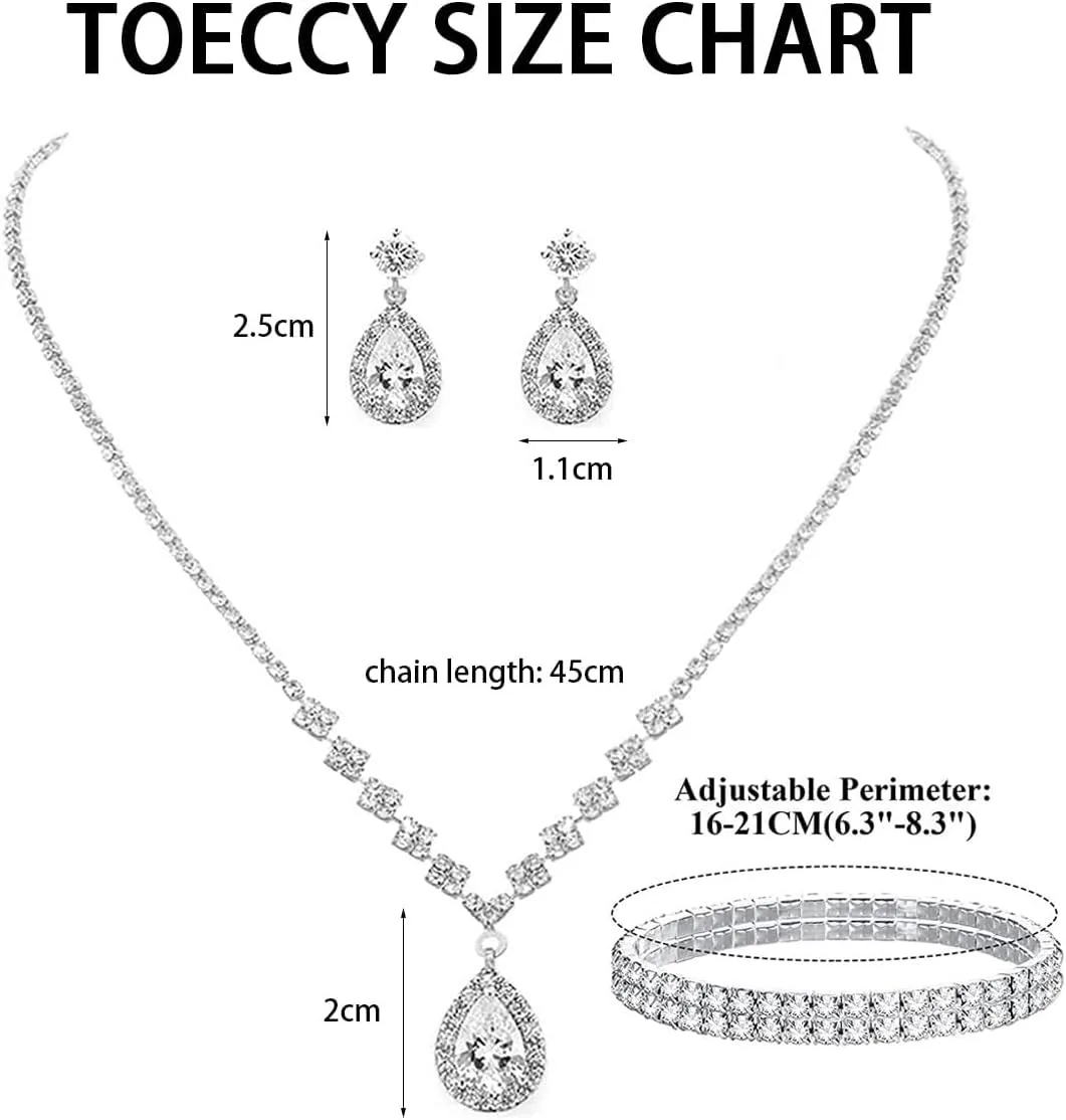 TOEECY Set Gioielli Sposa con Zirconia e Cristallo, Collana, Orecchini e Bracciale, Argento - immagine 2