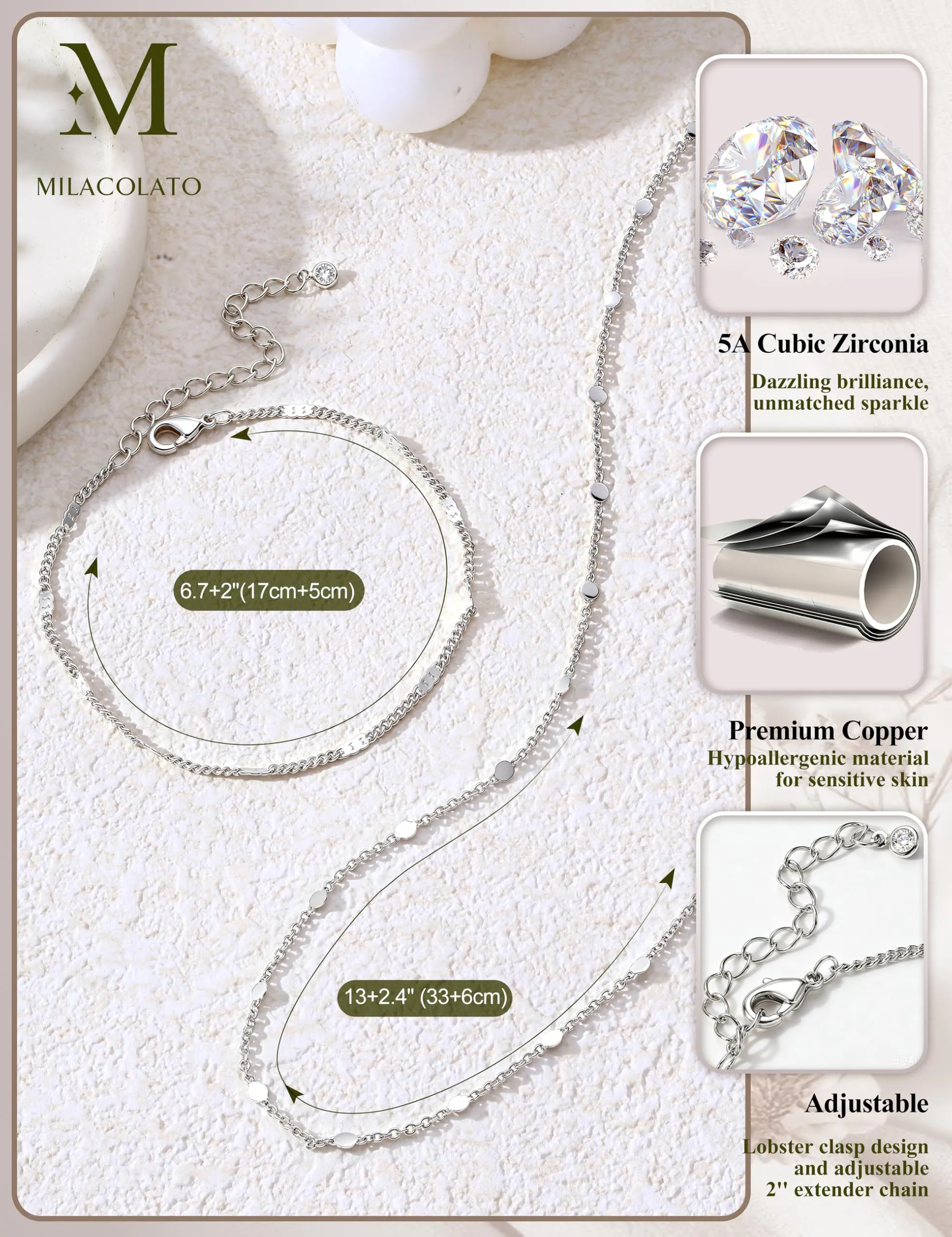 Milacolato Parure Gioielli da Donna con Collana e Bracciale Regolabili - immagine 5