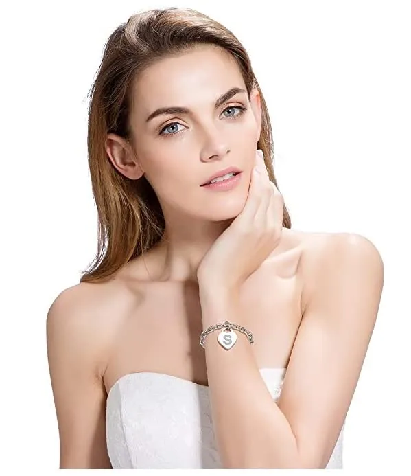 SiLo Bijoux Bracciale con Lettera Iniziale e Strass in Acciaio Argento, Charm Cuore e Cristalli, Misura Regolabile 21 cm - immagine 6