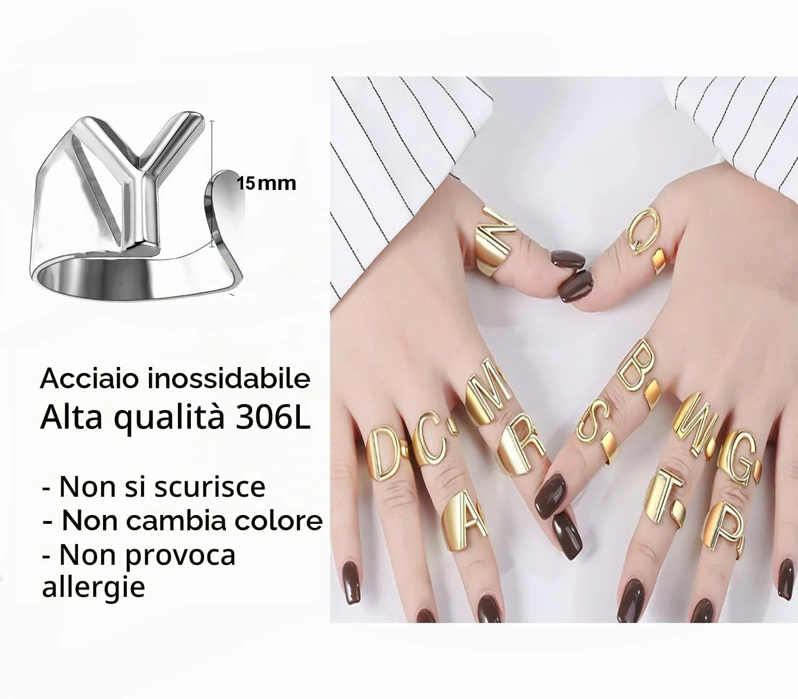 Only faith Anelli di lettere iniziali regolabili in acciaio inossidabile per donna - immagine 5