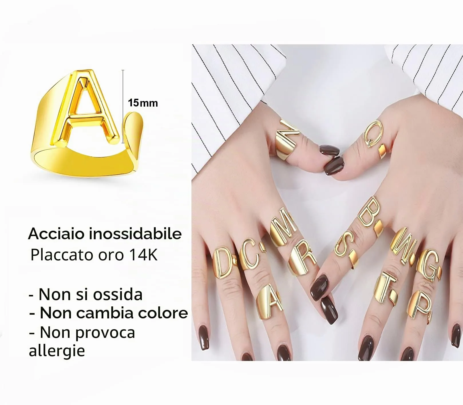 Only faith Anelli di lettere iniziali regolabili in acciaio inossidabile per donna - immagine 5