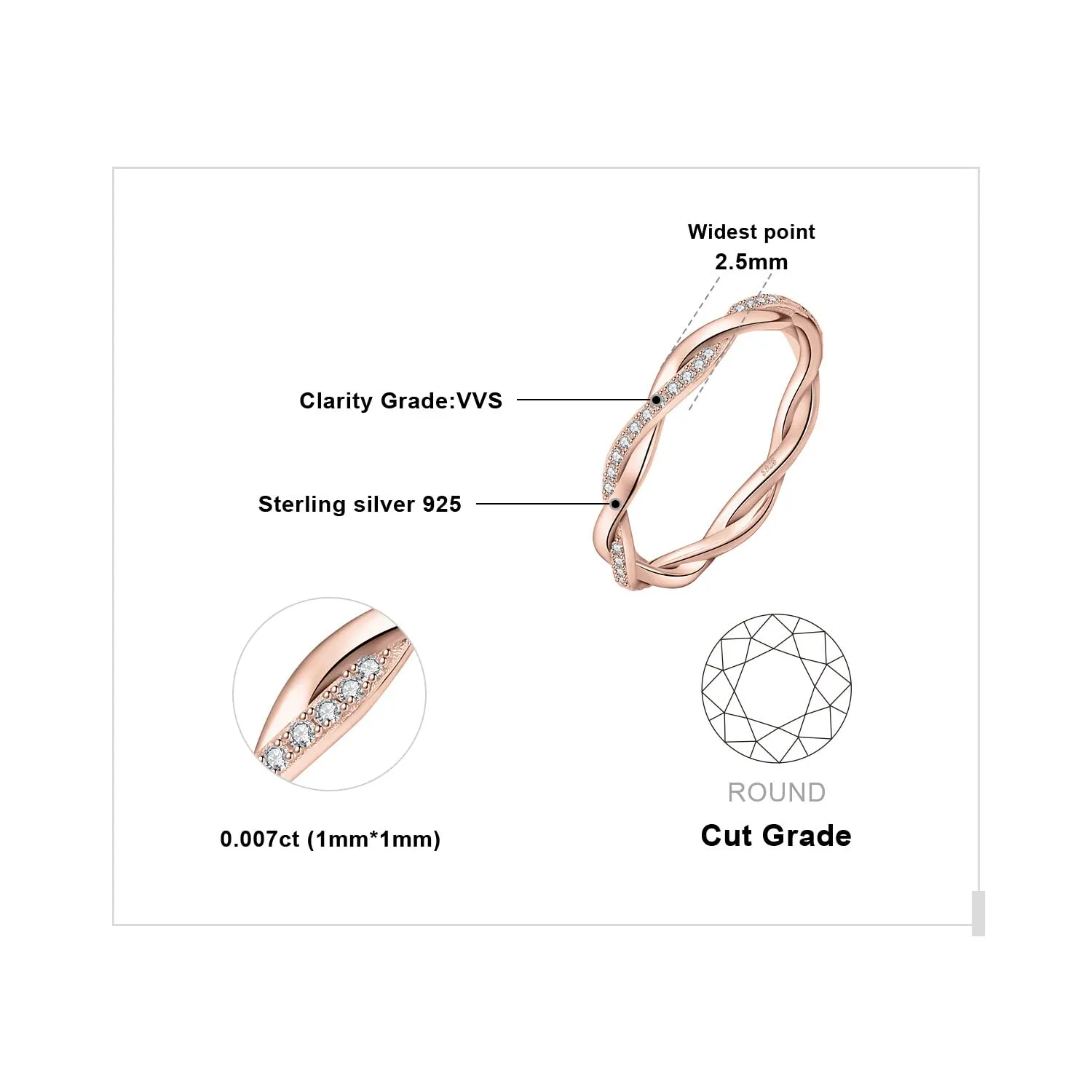 JewelryPalace Anello Infinito Donna Argento 925 con Moissanite Taglio Rotondo, Fede Nuziale Oro Rosa, Taglia 11.5 - immagine 2