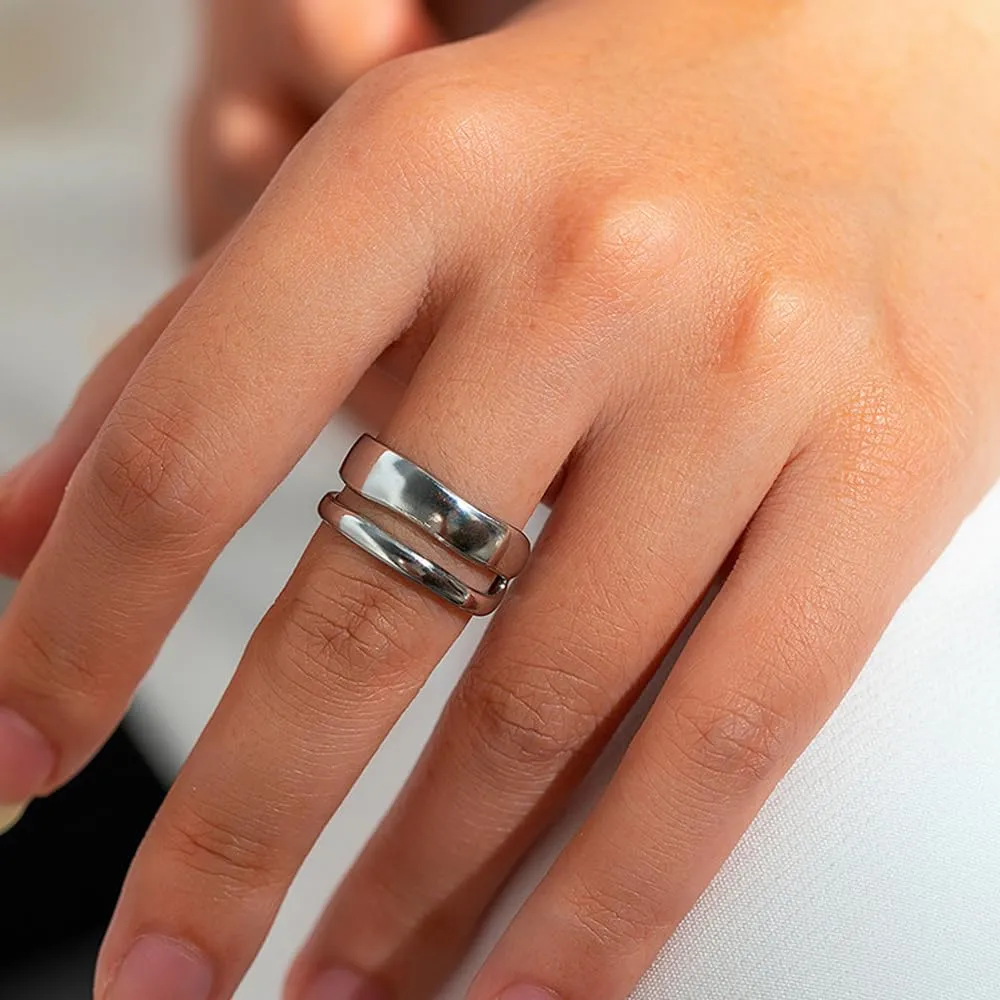 KBRPEY Anello Aperto Regolabile in Acciaio Inossidabile Doppio Design (Argento) - immagine 4