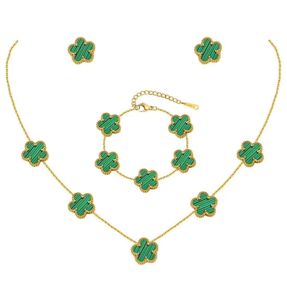 JYIXXZX Set di Gioielli Quadrifoglio da Donna in Acciaio Inossidabile Placcato Oro 18K, Collana, Orecchini e Bracciale (Verde) - immagine 1