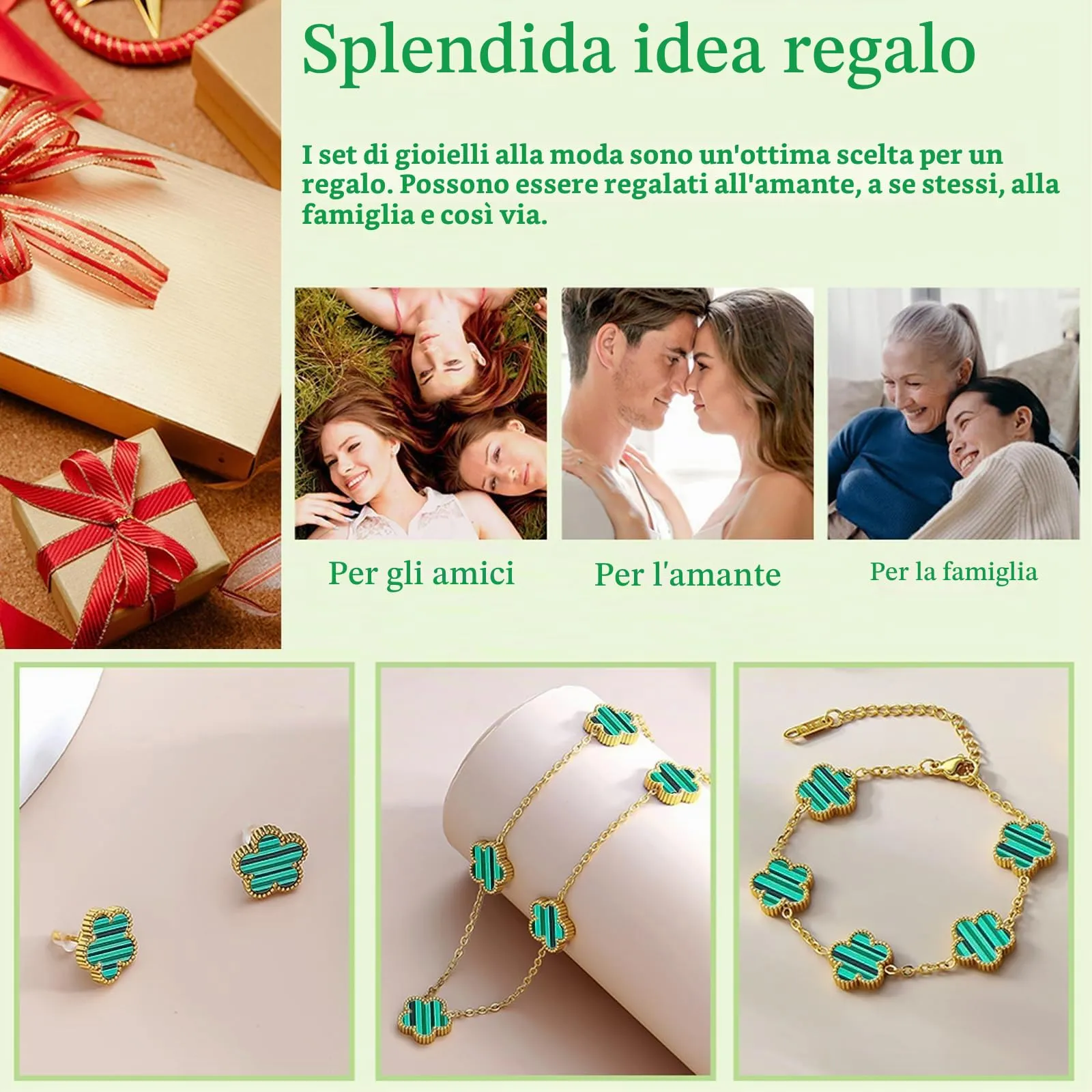 JYIXXZX Set di Gioielli Quadrifoglio da Donna in Acciaio Inossidabile Placcato Oro 18K, Collana, Orecchini e Bracciale (Verde) - immagine 5