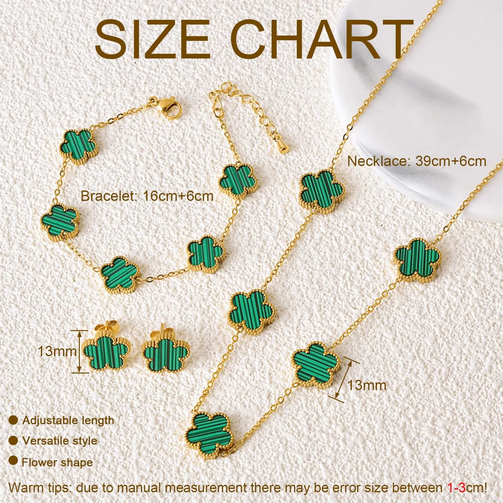 JYIXXZX Set di Gioielli Quadrifoglio da Donna in Acciaio Inossidabile Placcato Oro 18K, Collana, Orecchini e Bracciale (Verde) - immagine 7