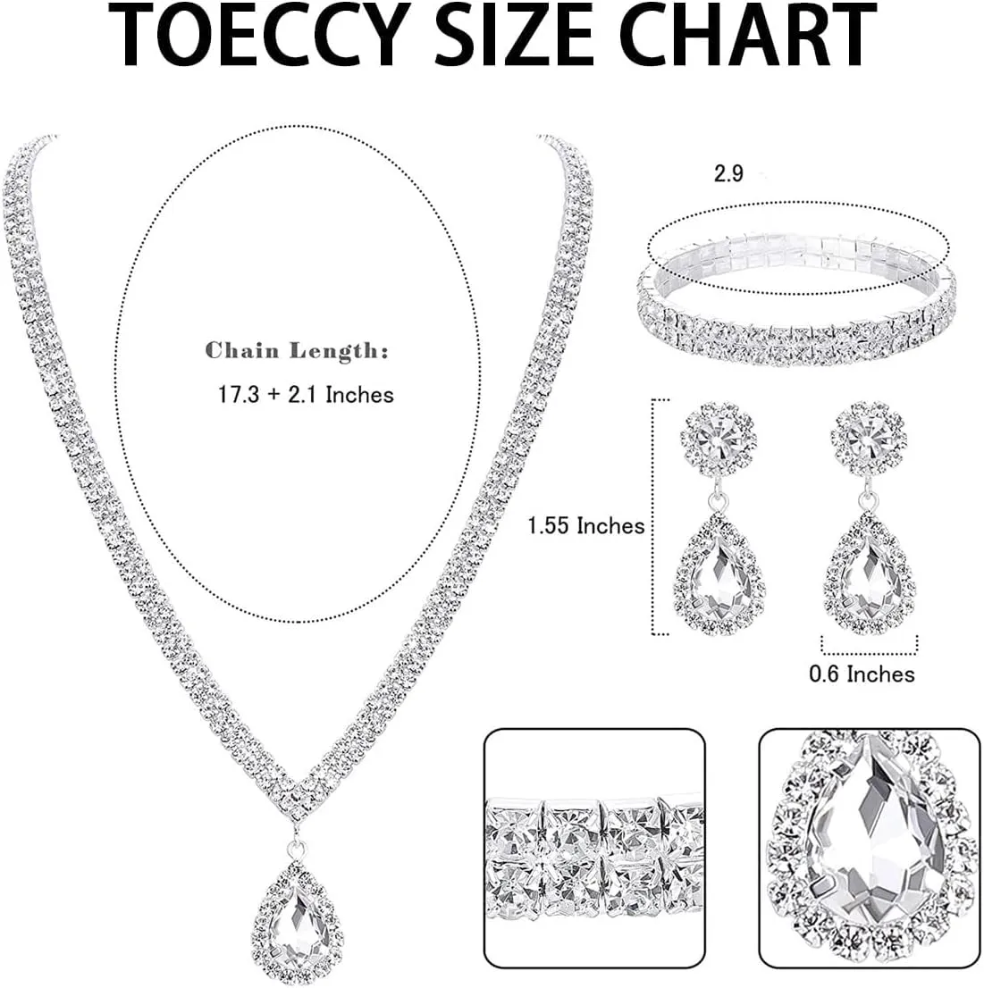 TOEECY Set Gioielli Sposa con Zirconia e Cristalli, Collana Orecchini e Bracciale, Argento - immagine 2