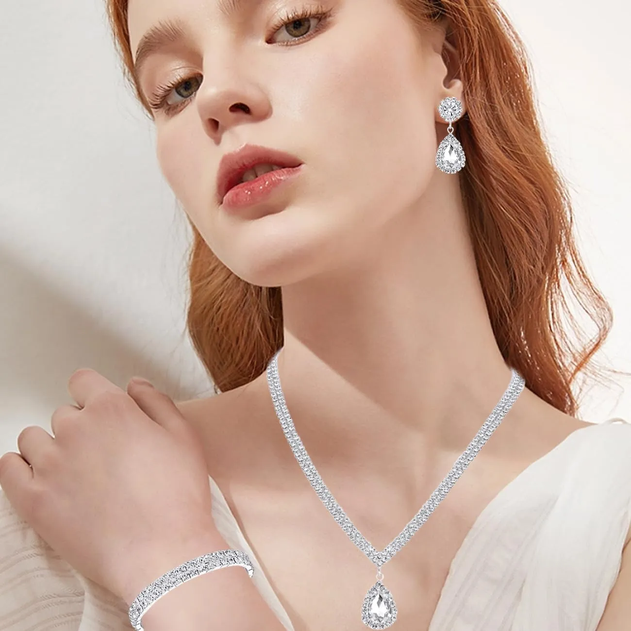TOEECY Set Gioielli Sposa con Zirconia e Cristalli, Collana Orecchini e Bracciale, Argento - immagine 5