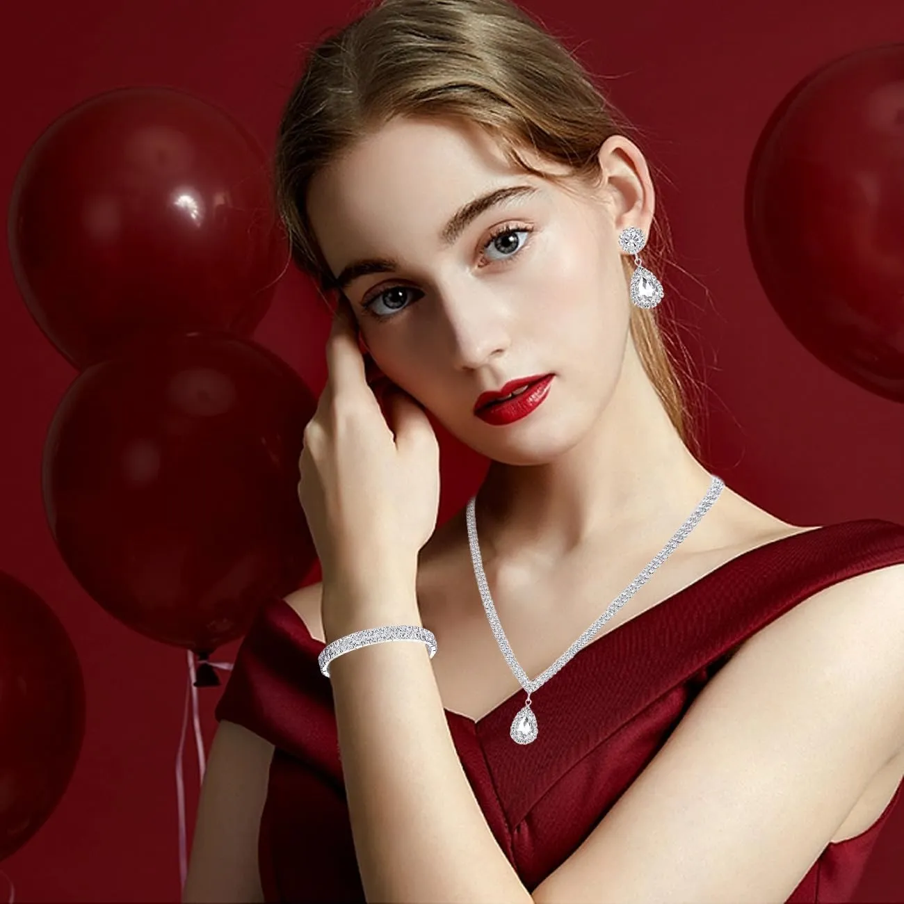 TOEECY Set Gioielli Sposa con Zirconia e Cristalli, Collana Orecchini e Bracciale, Argento - immagine 6