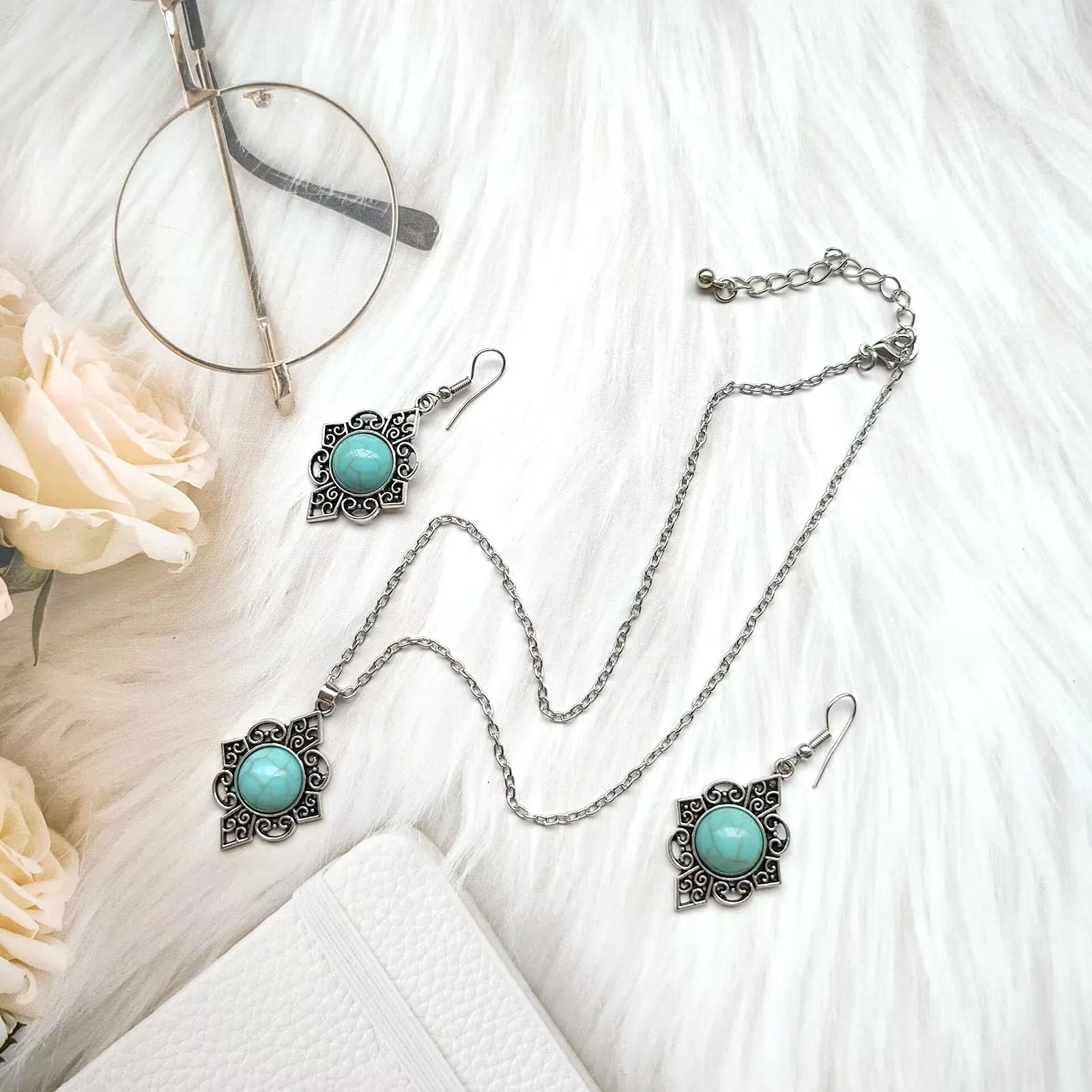 Dishowme Set di gioielli bohémien con gemme turchesi, collana, orecchini e bracciale, 3 pezzi, vintage - immagine 4