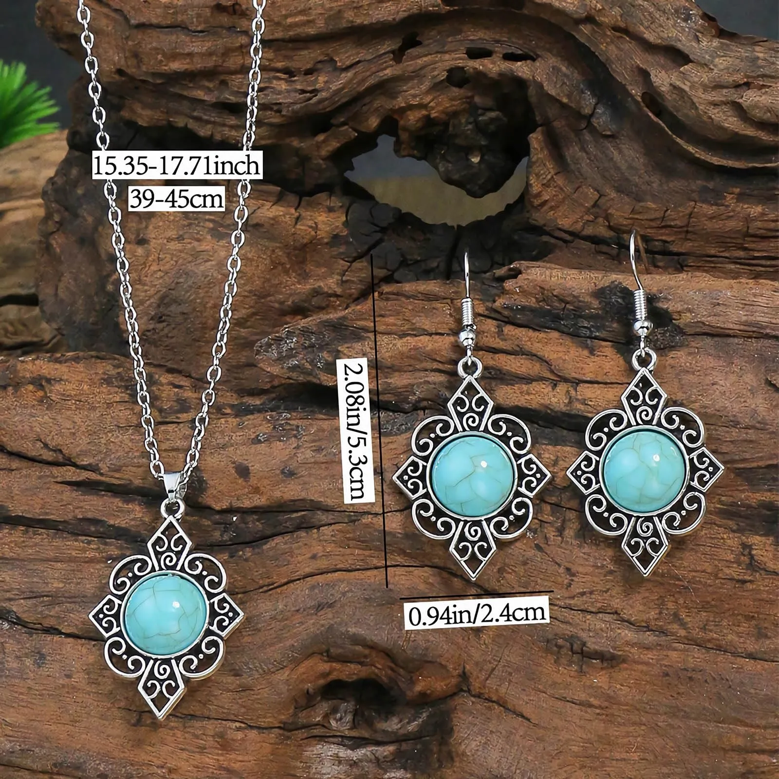 Dishowme Set di gioielli bohémien con gemme turchesi, collana, orecchini e bracciale, 3 pezzi, vintage - immagine 5