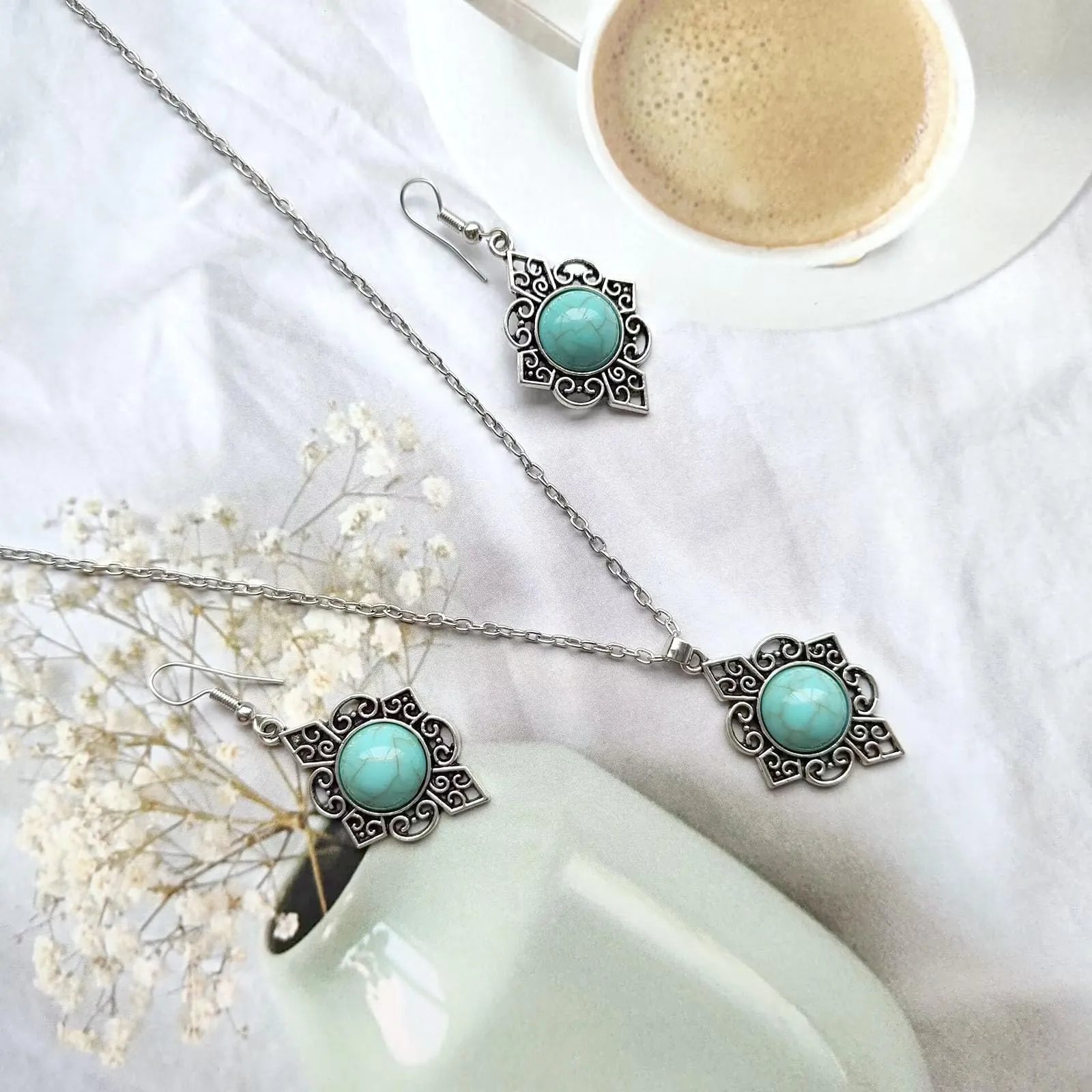 Dishowme Set di gioielli bohémien con gemme turchesi, collana, orecchini e bracciale, 3 pezzi, vintage - immagine 6
