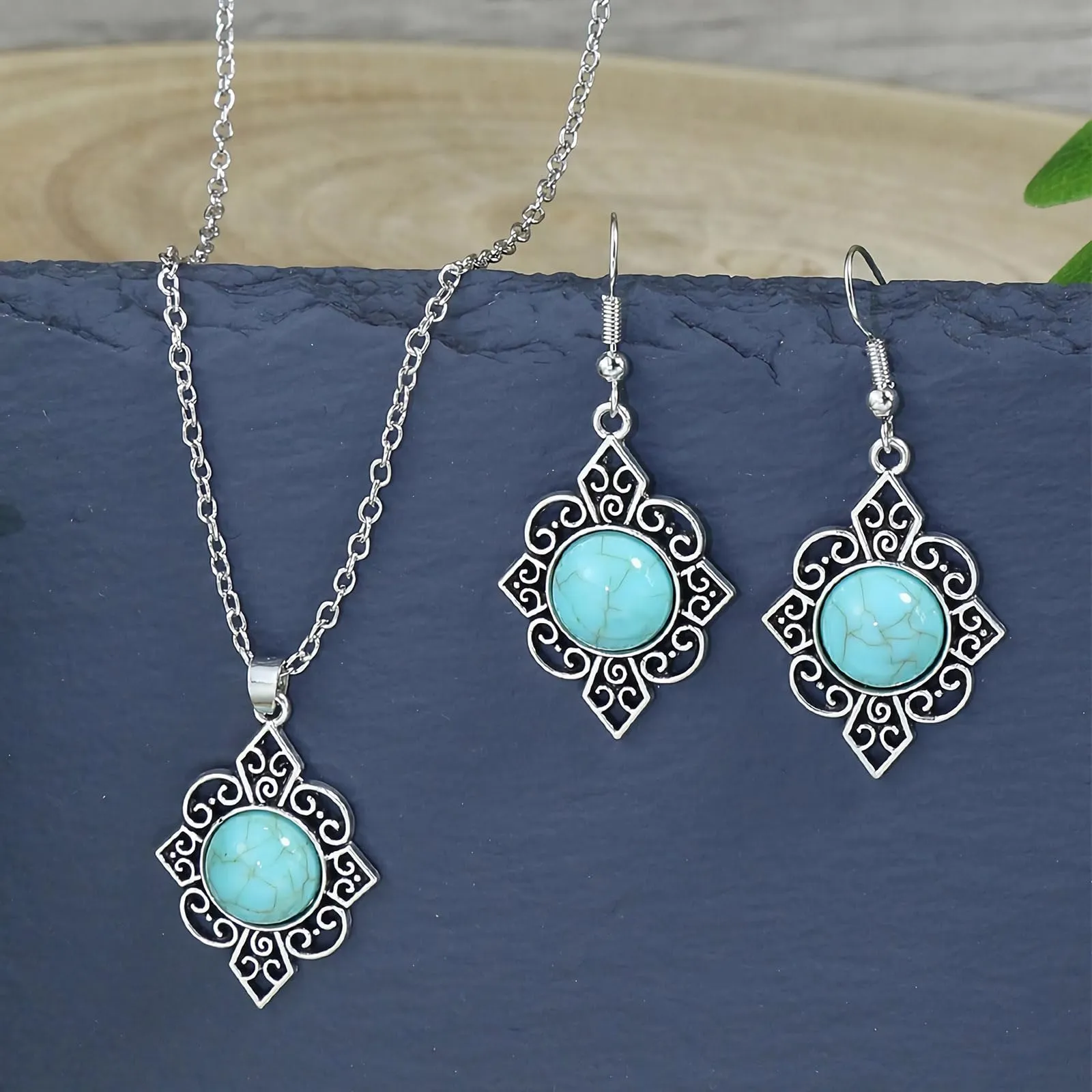 Dishowme Set di gioielli bohémien con gemme turchesi, collana, orecchini e bracciale, 3 pezzi, vintage - immagine 7